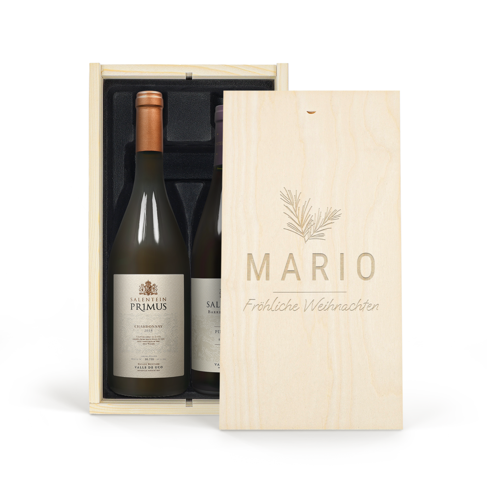 Wein Geschenkset - Salentein Primus Malbec & Chardonnay - Weinkiste mit Gravur