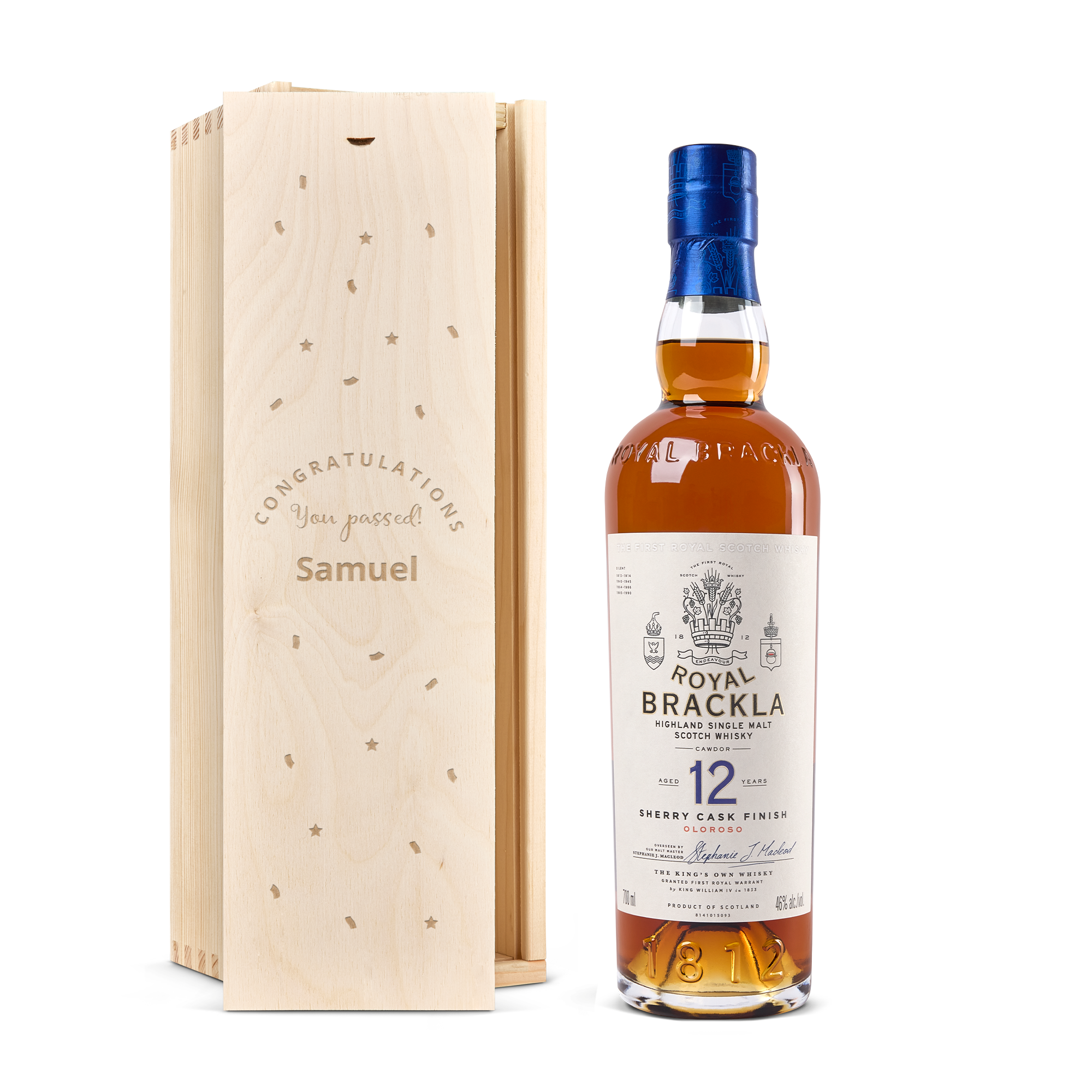 Royal Brackla 12-års whisky - Indgraveret trækasse