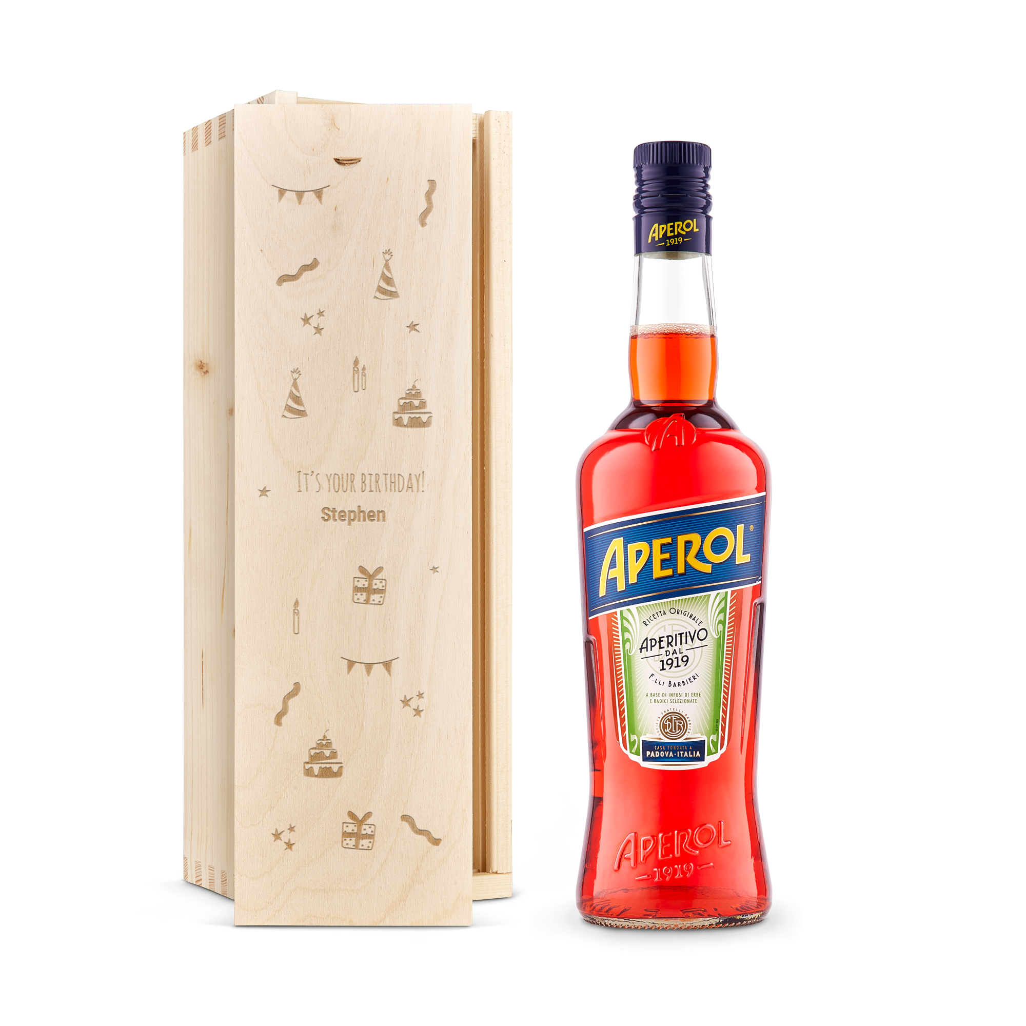 Personalised liqueur gift - Aperol - Engraved wooden case