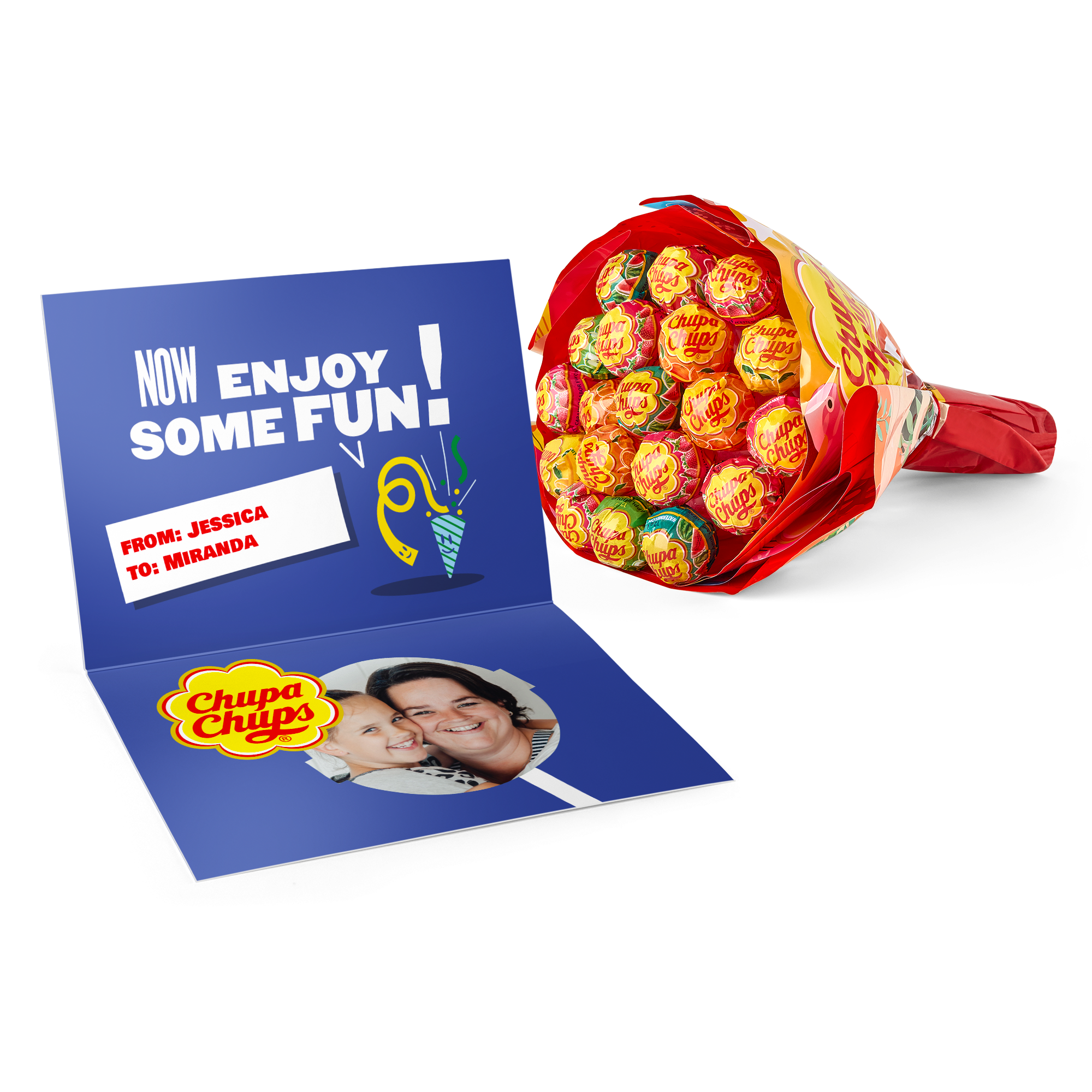 Chupa Chups lollipop bouquet with personalised greeting card