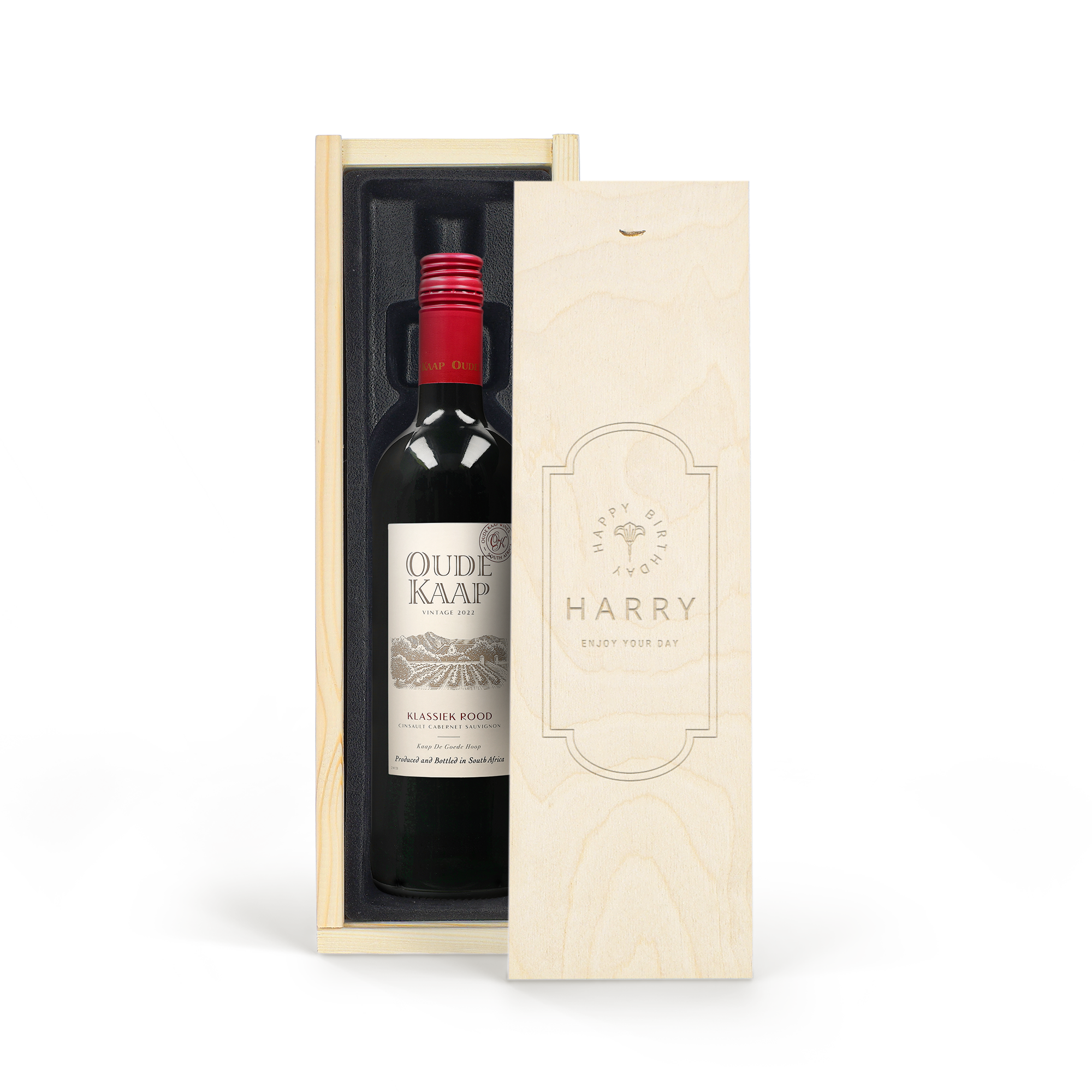 Personalised wine gift - Oude Kaap - Red - Engraved wooden case