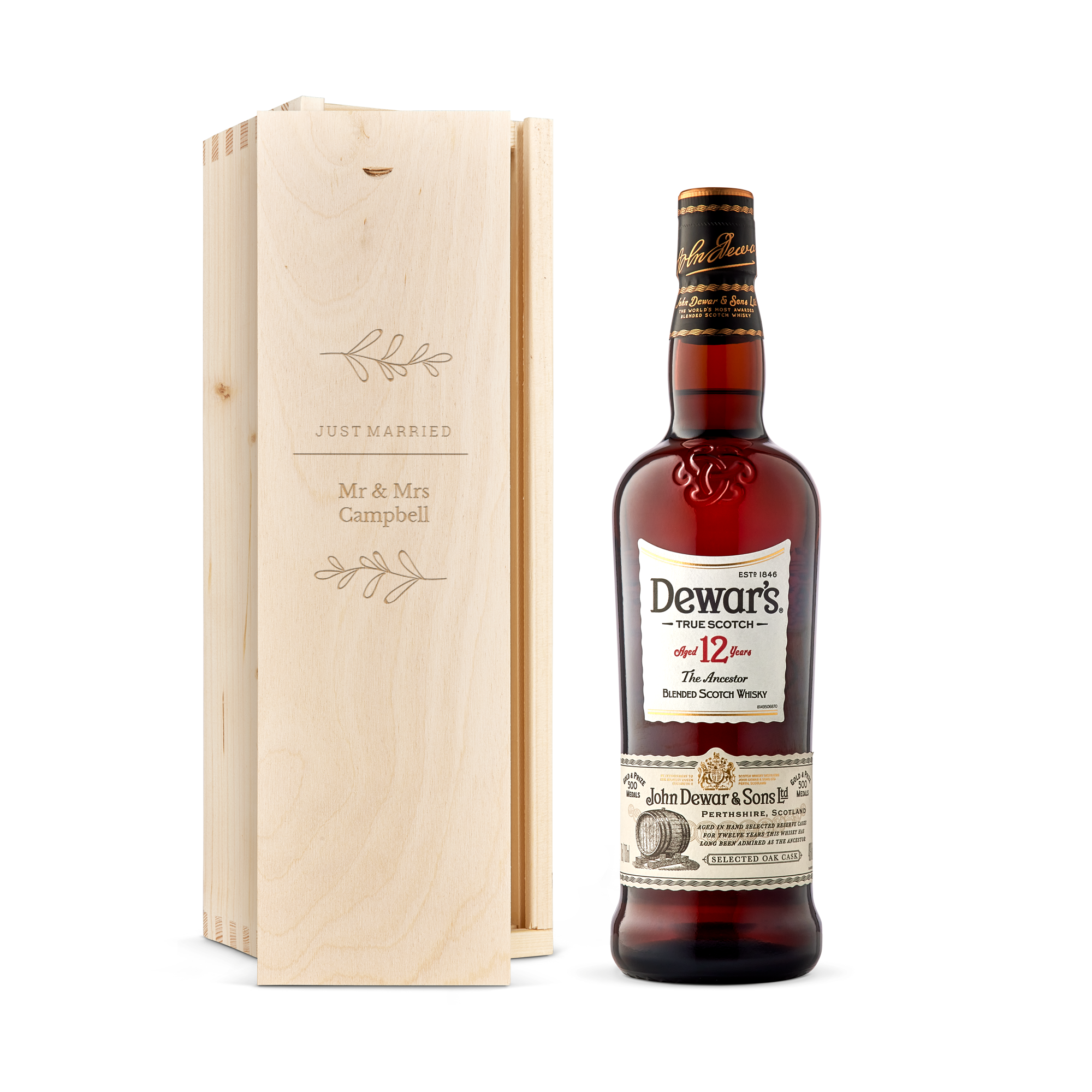 Personalised whiskey gift - Dewar's - 12 years - Engraved wooden case