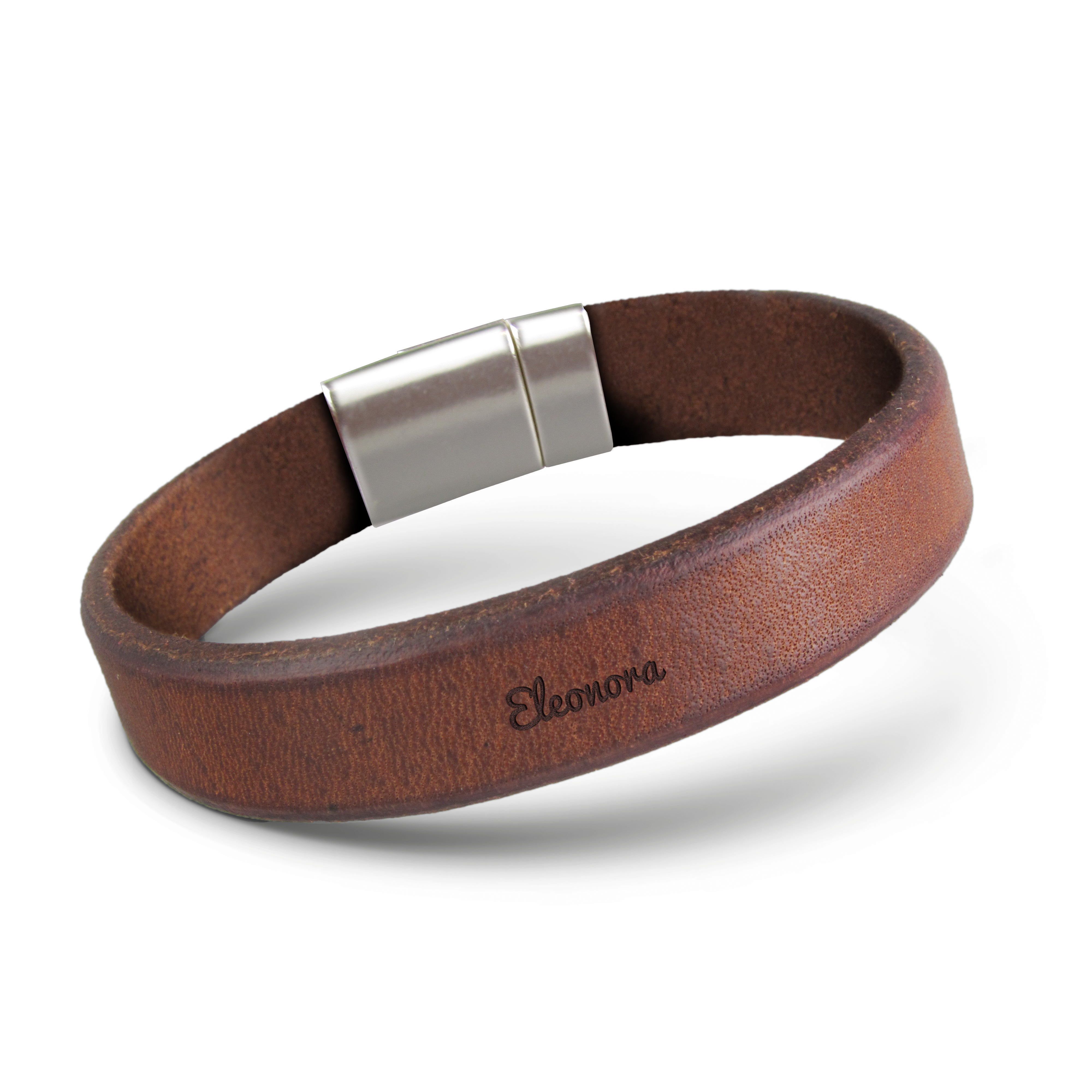 Bracciale da uomo magnetico in pelle inciso - Marrone - 21 cm