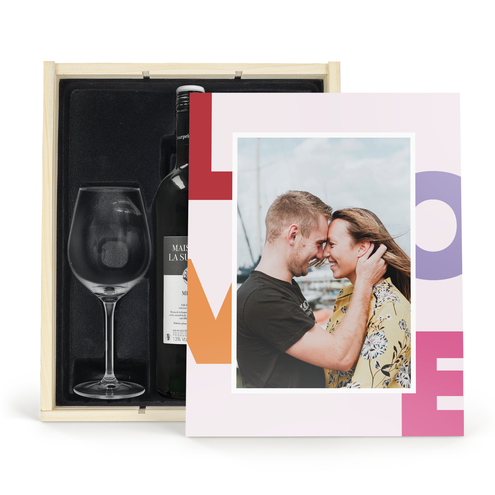 Coffret vin rouge avec 2 verres - Maison de la Surprise Merlot  - Couvercle imprimé