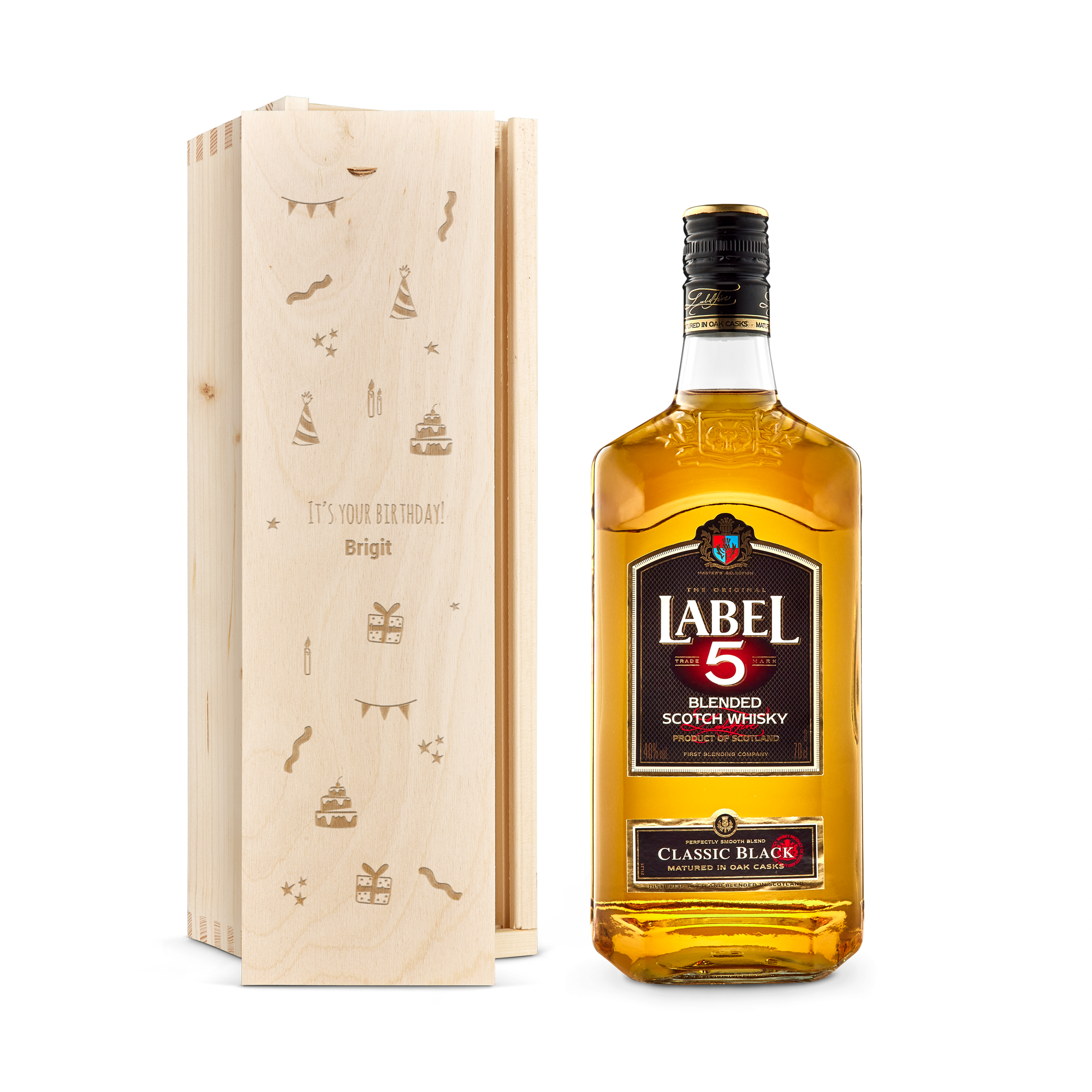 Label 5 whisky – indgraveret æske