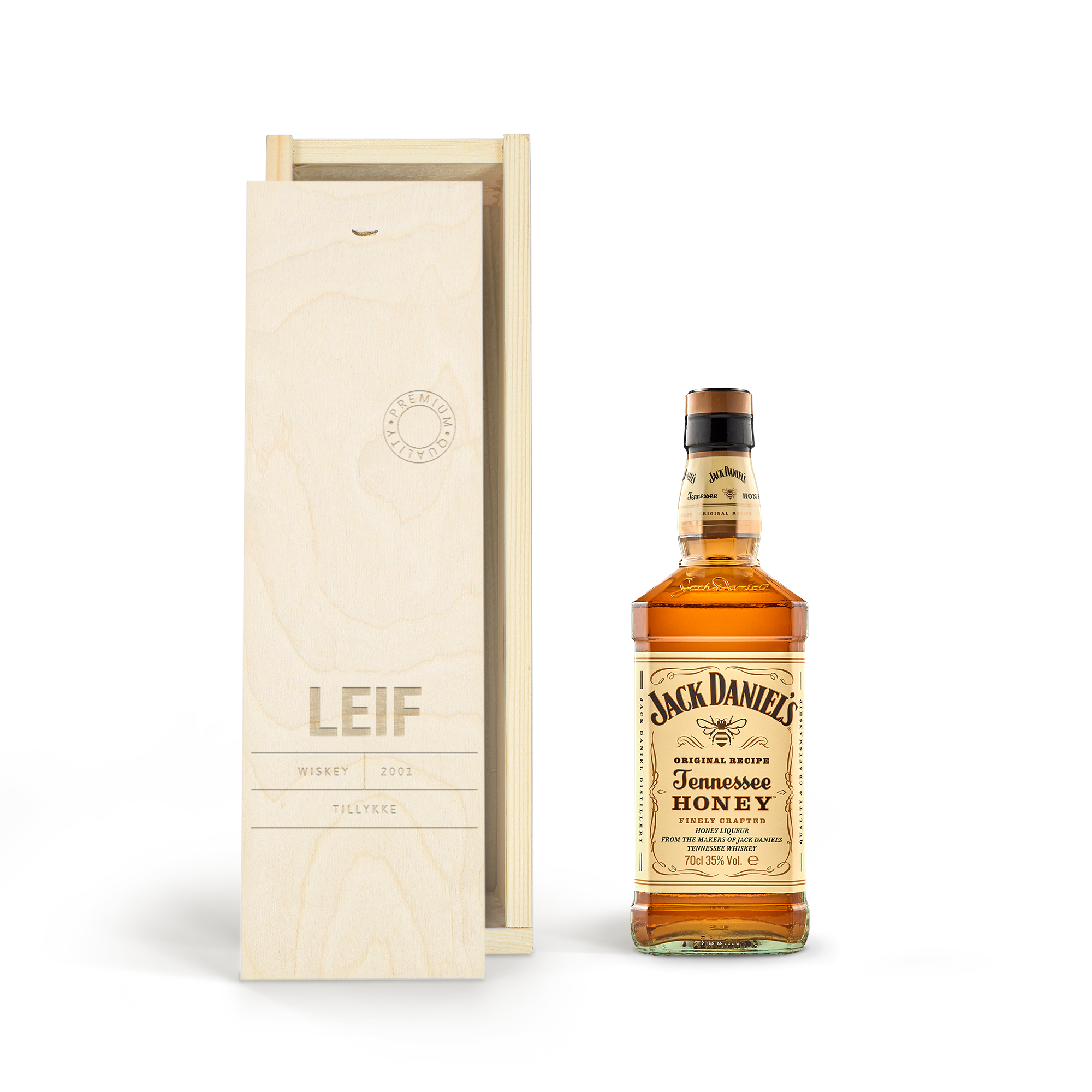 Whiskey i personlig trækasse - Jack Daniels Honey Bourbon