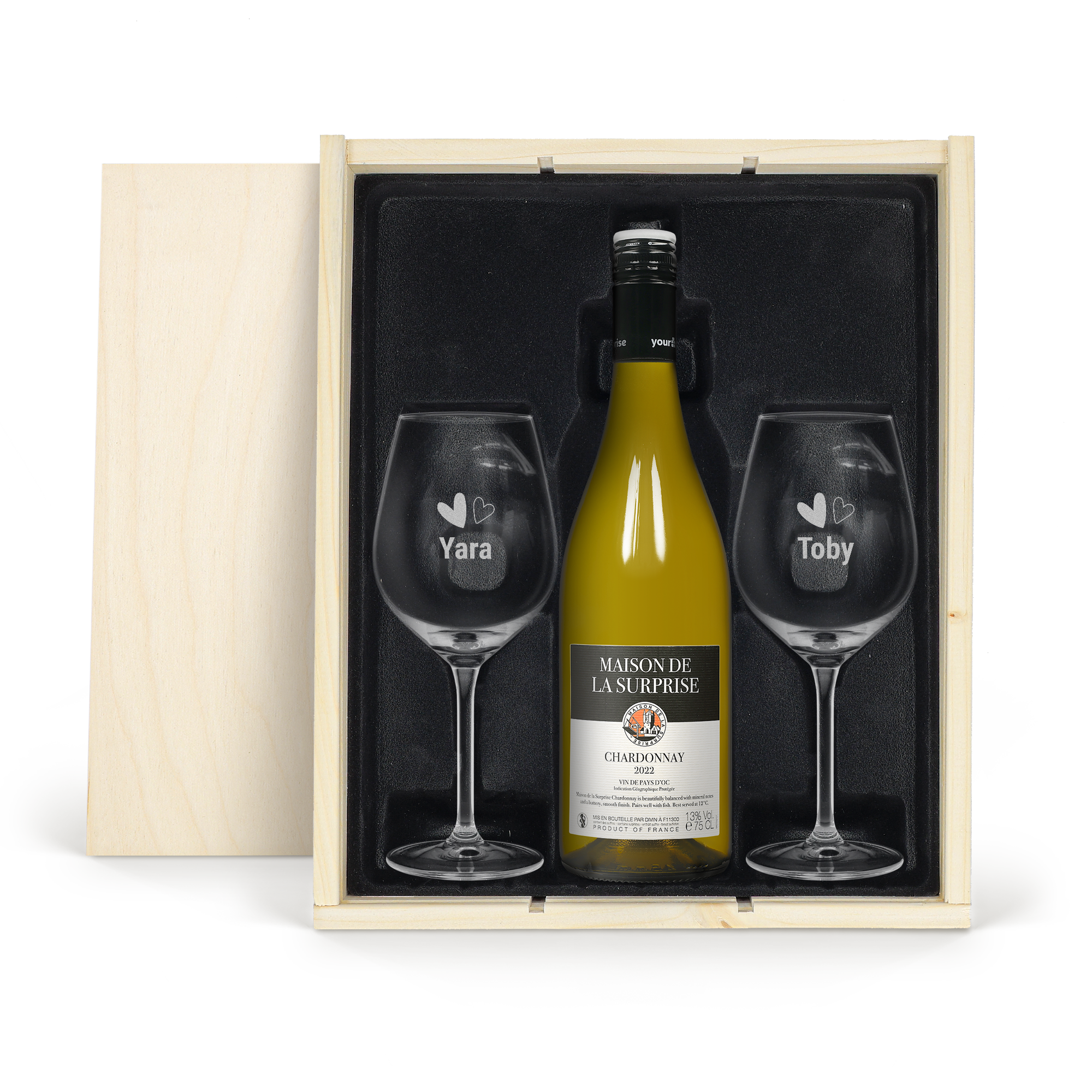 Conjunto de vinho com copos - Maison de la Surprise Chardonnay - Copo gravado