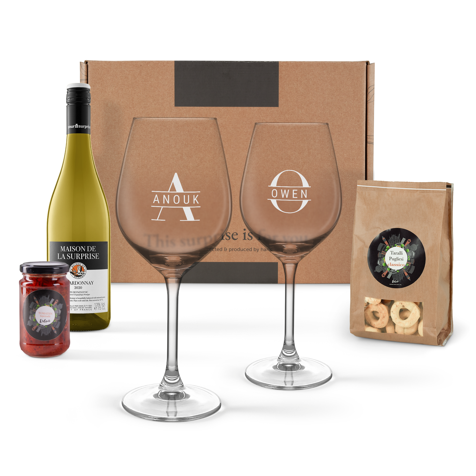Set cadou vin și gustări - Alb - Pahare gravate