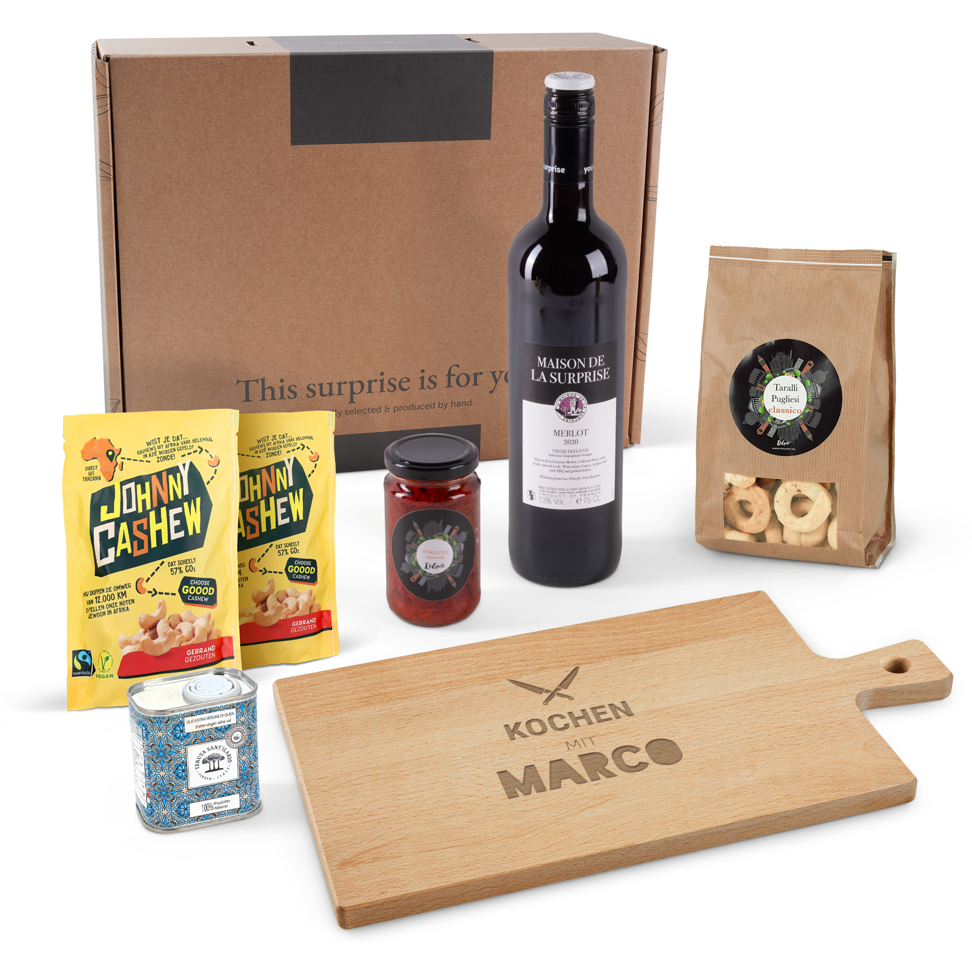 Präsentbox mit Wein, Servierbrett mit Gravur & Snacks