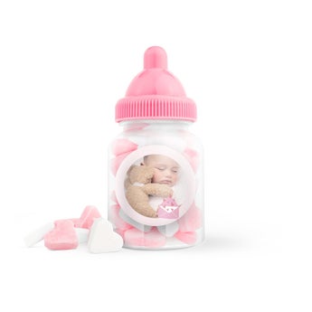Hjerteformet slik i babyflaske (lyserød) - sæt med 10