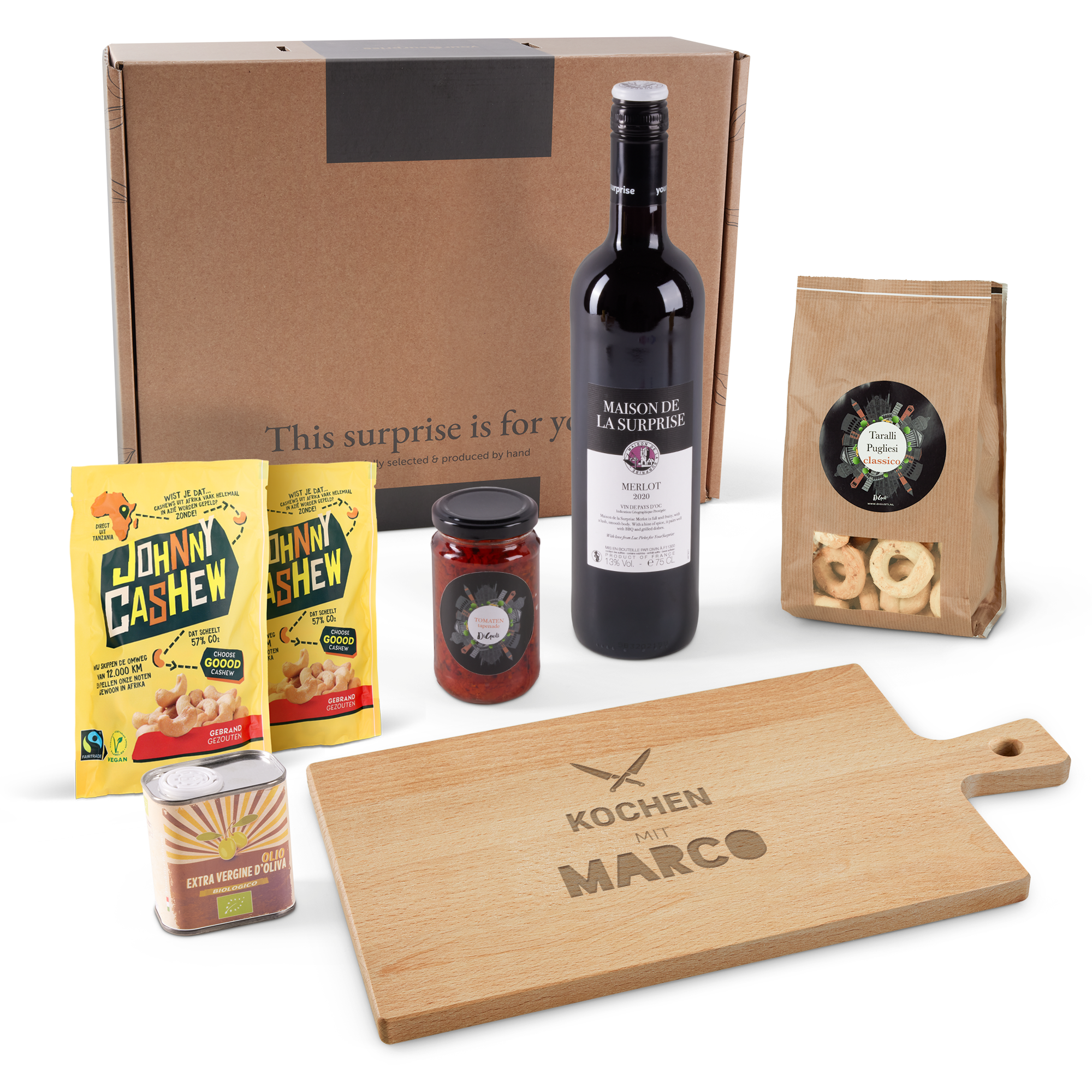 Präsentbox mit Wein, Servierbrett mit Gravur & Snacks