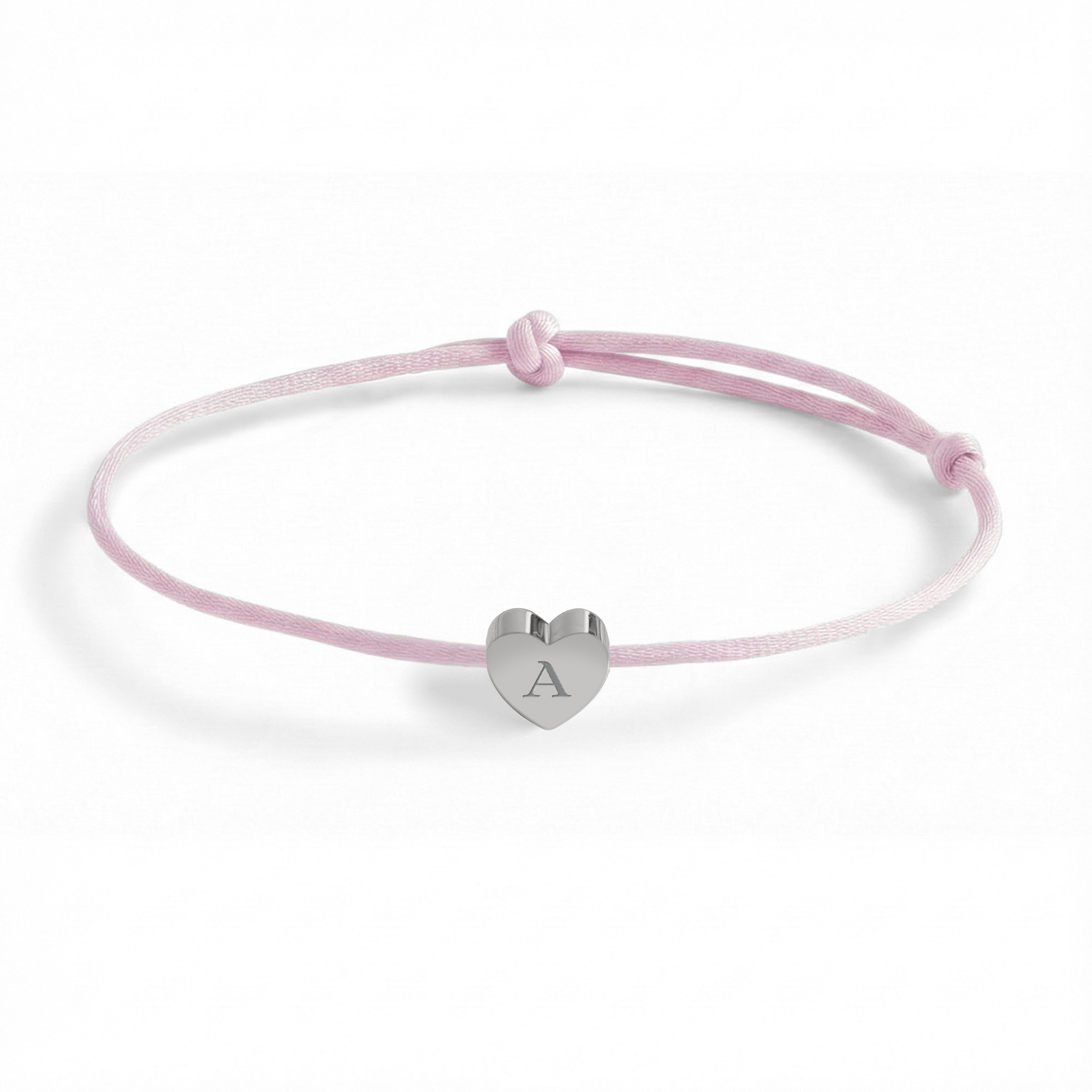 Rosa Kordelarmband für Kinder – Personalisiert – Silbernes Herz