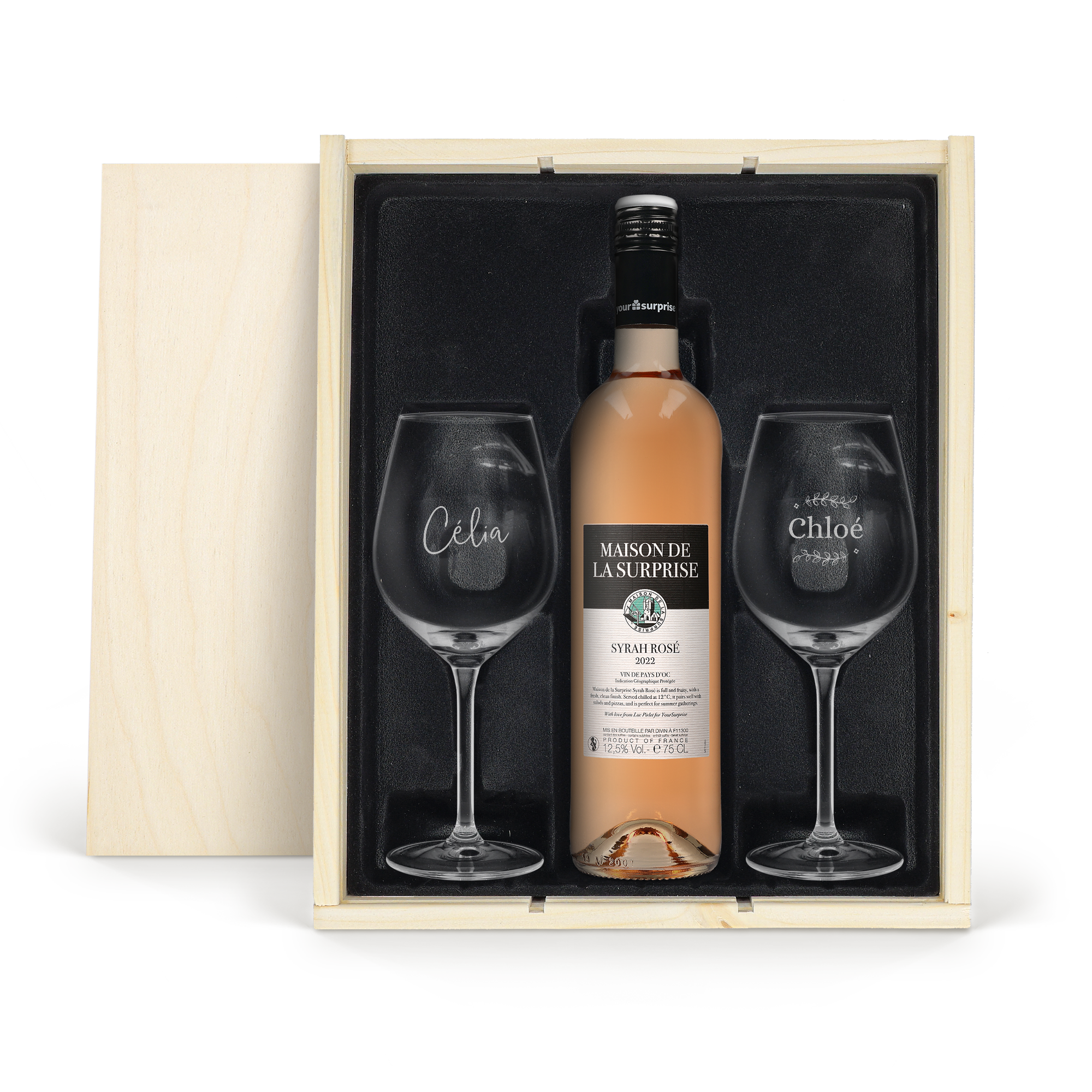 Coffret à vin avec 2 verres personnalisés - Maison de la Surprise Syrah