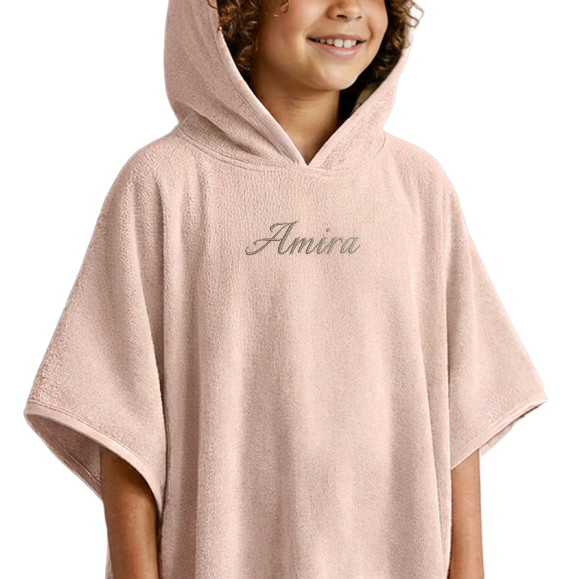 Poncho-serviette enfant brodé avec prénom - 6/12 ans - Rose
