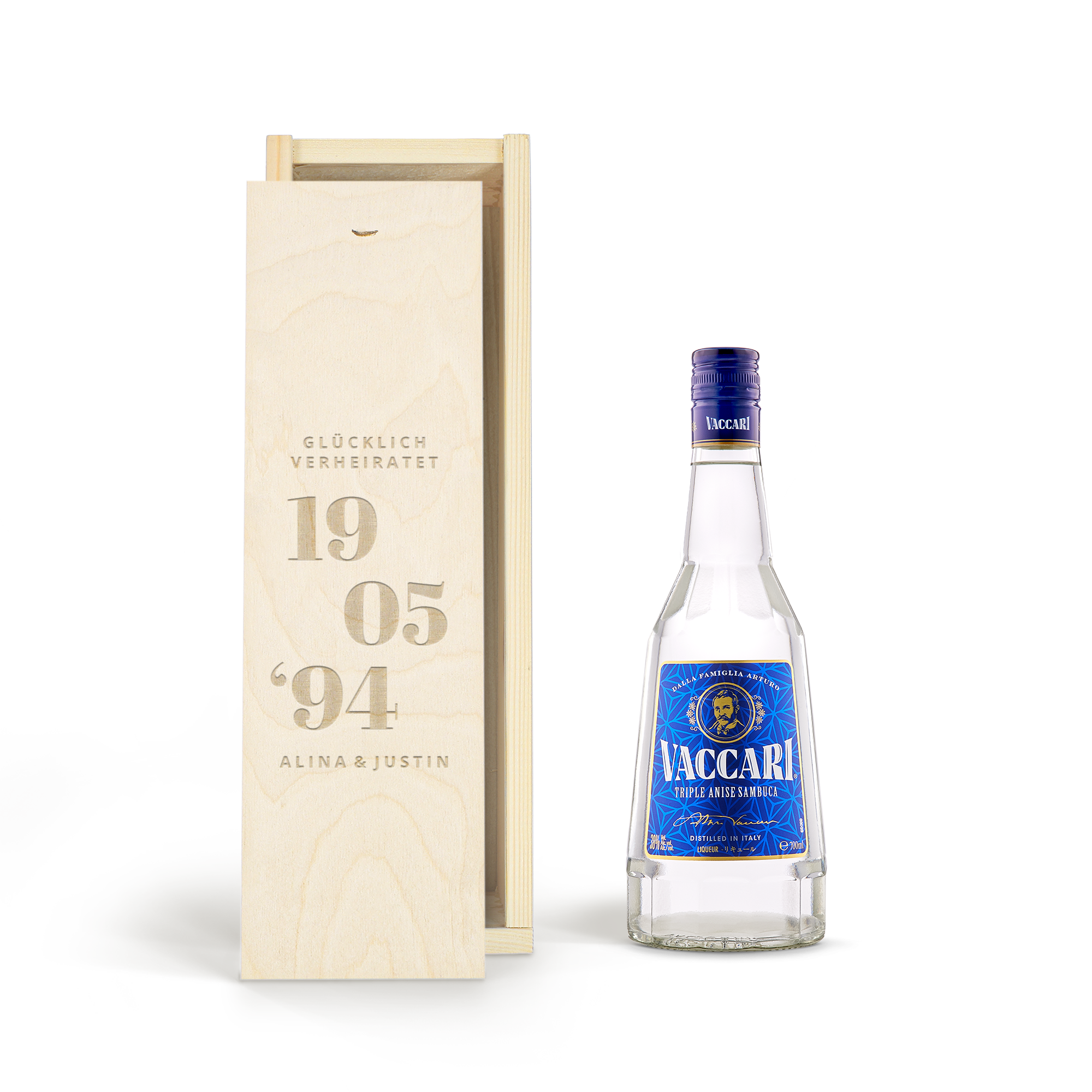 Likör in gravierter Holzkiste - Sambuca Vaccari