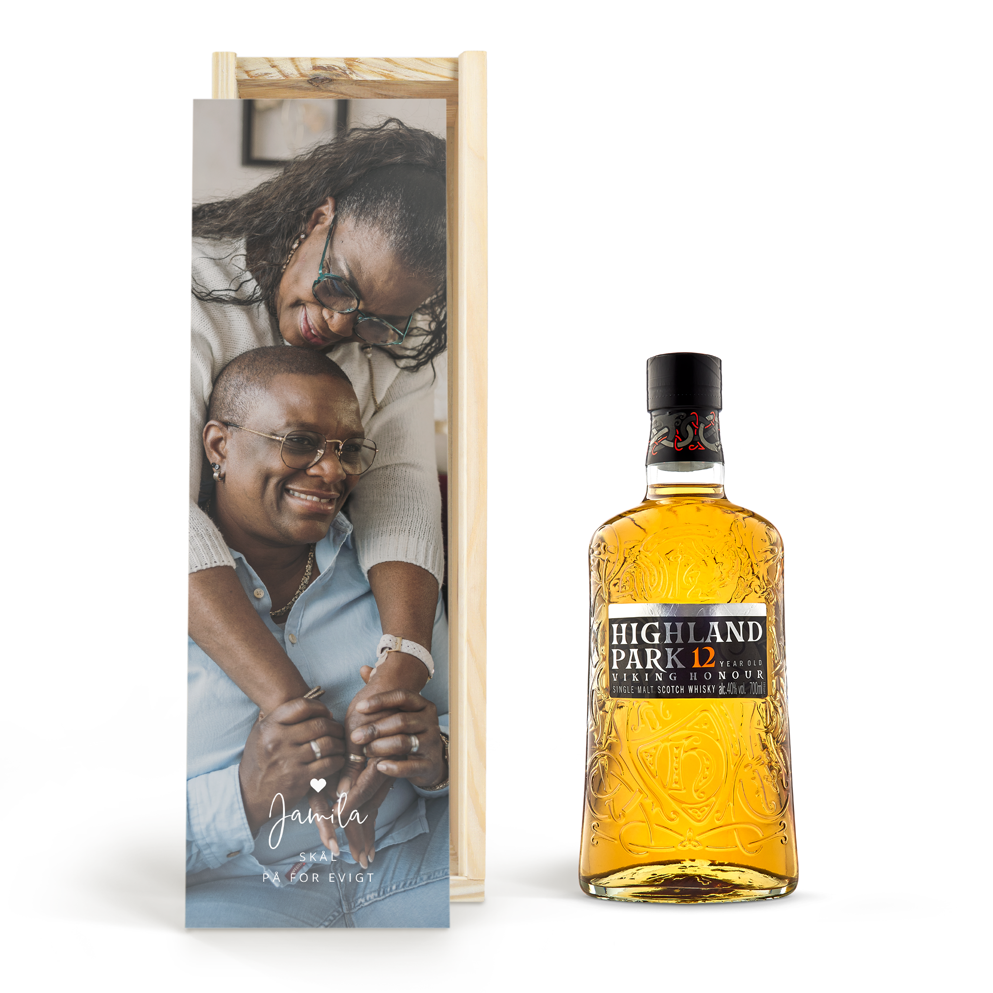 Highland Park 12 Years whisky i personlig träväska