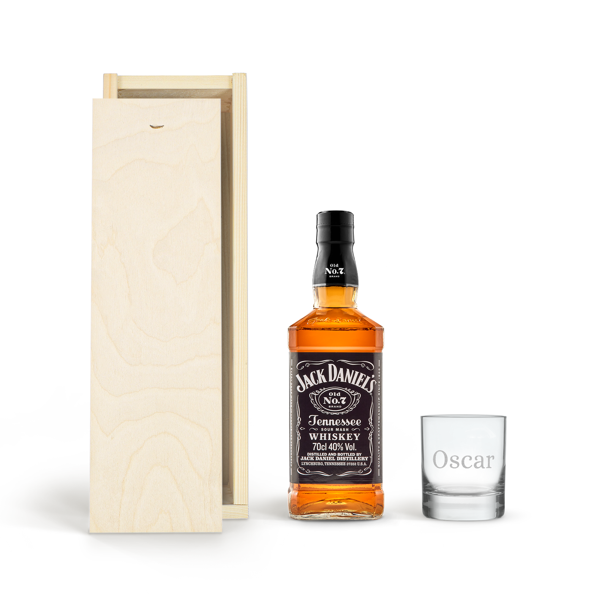 Jack Daniels whiskeypakket met gegraveerd glas