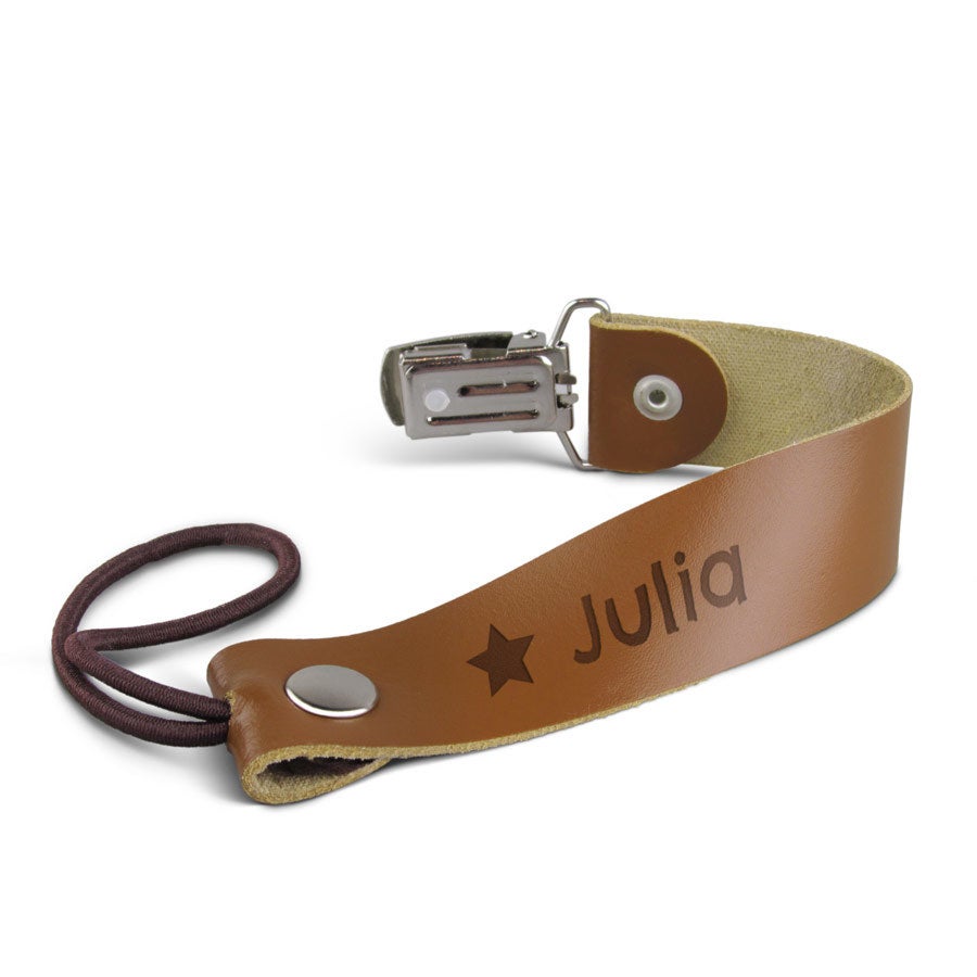 Personalised pacifier clip - Leather - Brown - Engraved