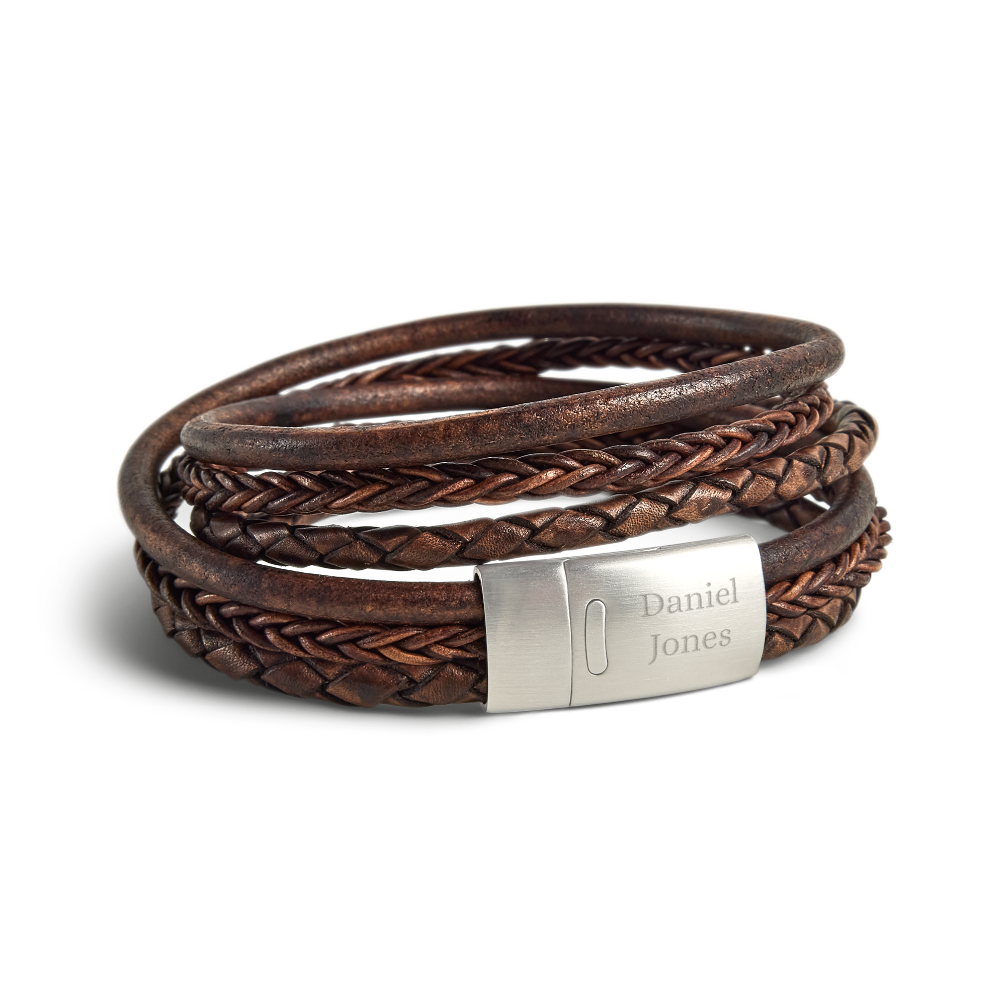 Luxurious double leather bracelet with engraving - Men - Brown - M 