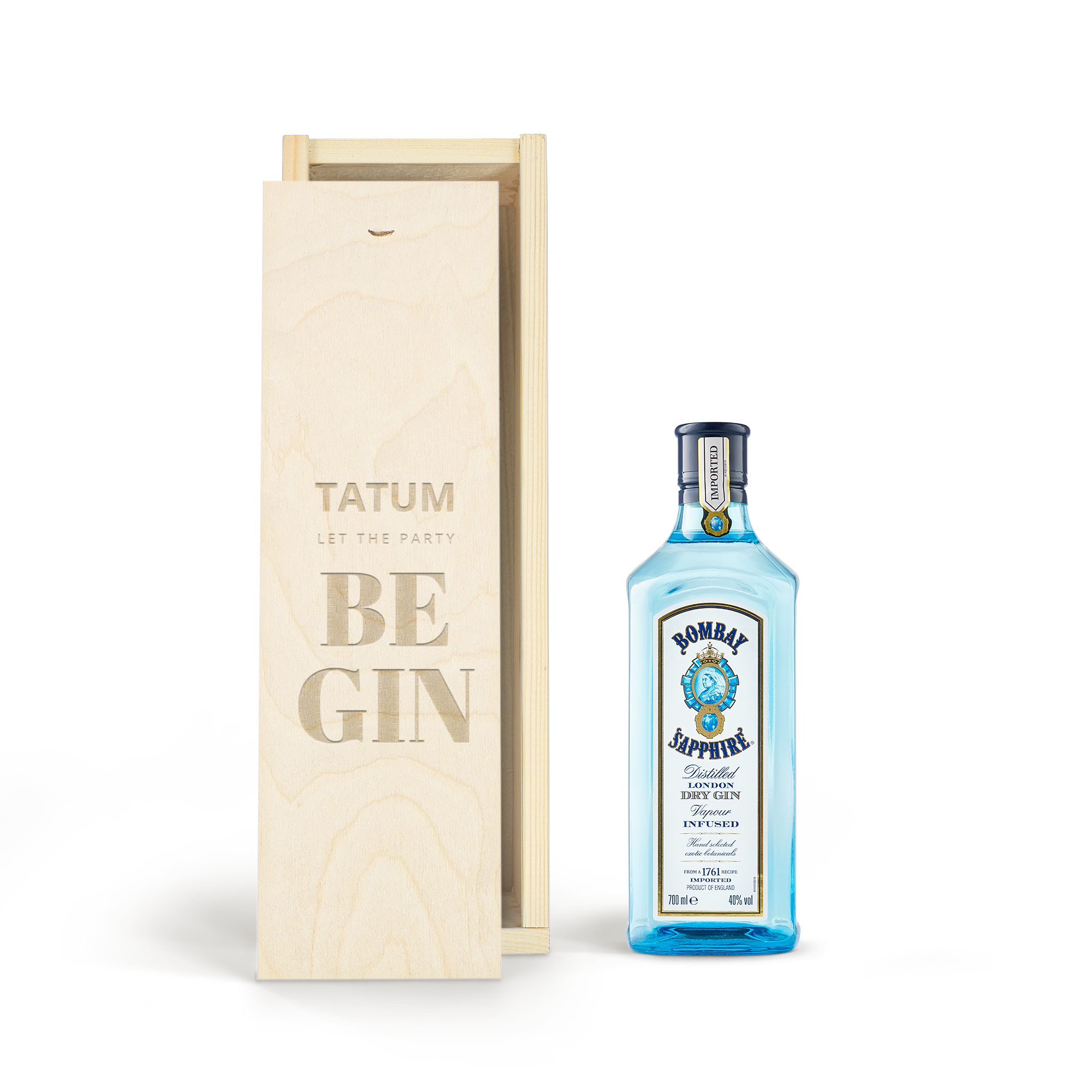 Gin in gegraveerde kist - Bombay Sapphire