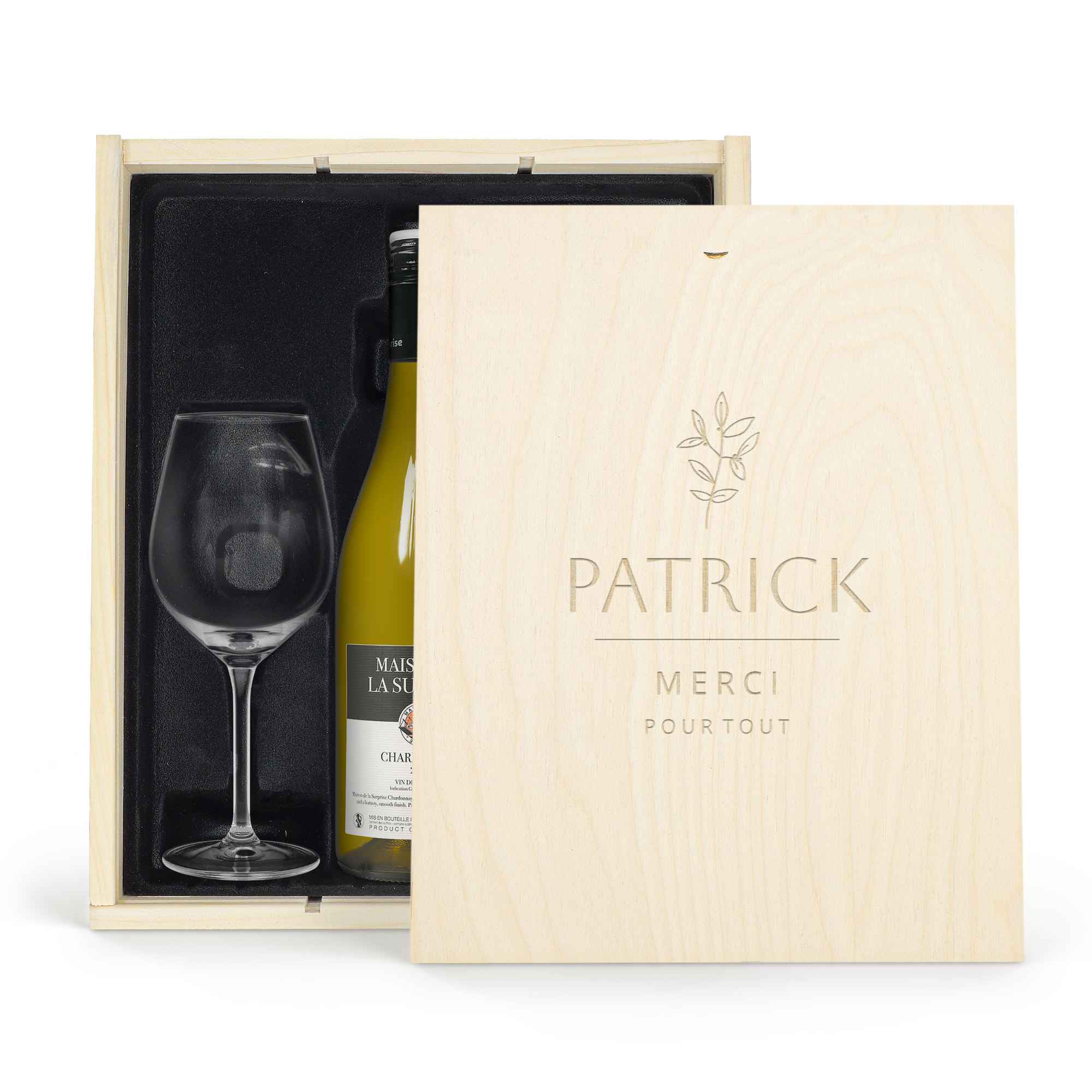 Coffret vin blanc avec 2 verres - Maison de la Surprise Chardonnay - Couvercle gravé