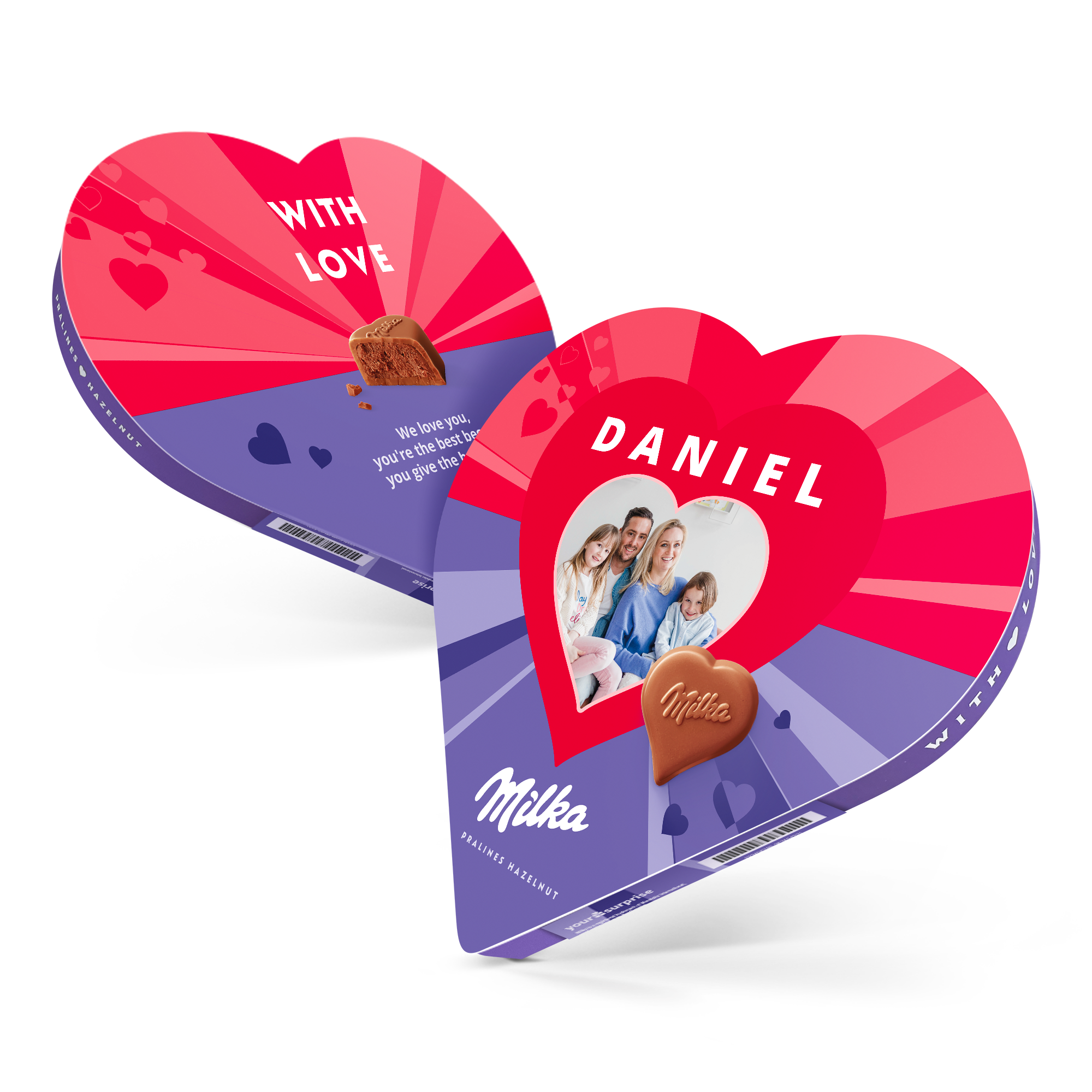 Prilagojena darilna škatla Milka iz čokolade v obliki srca