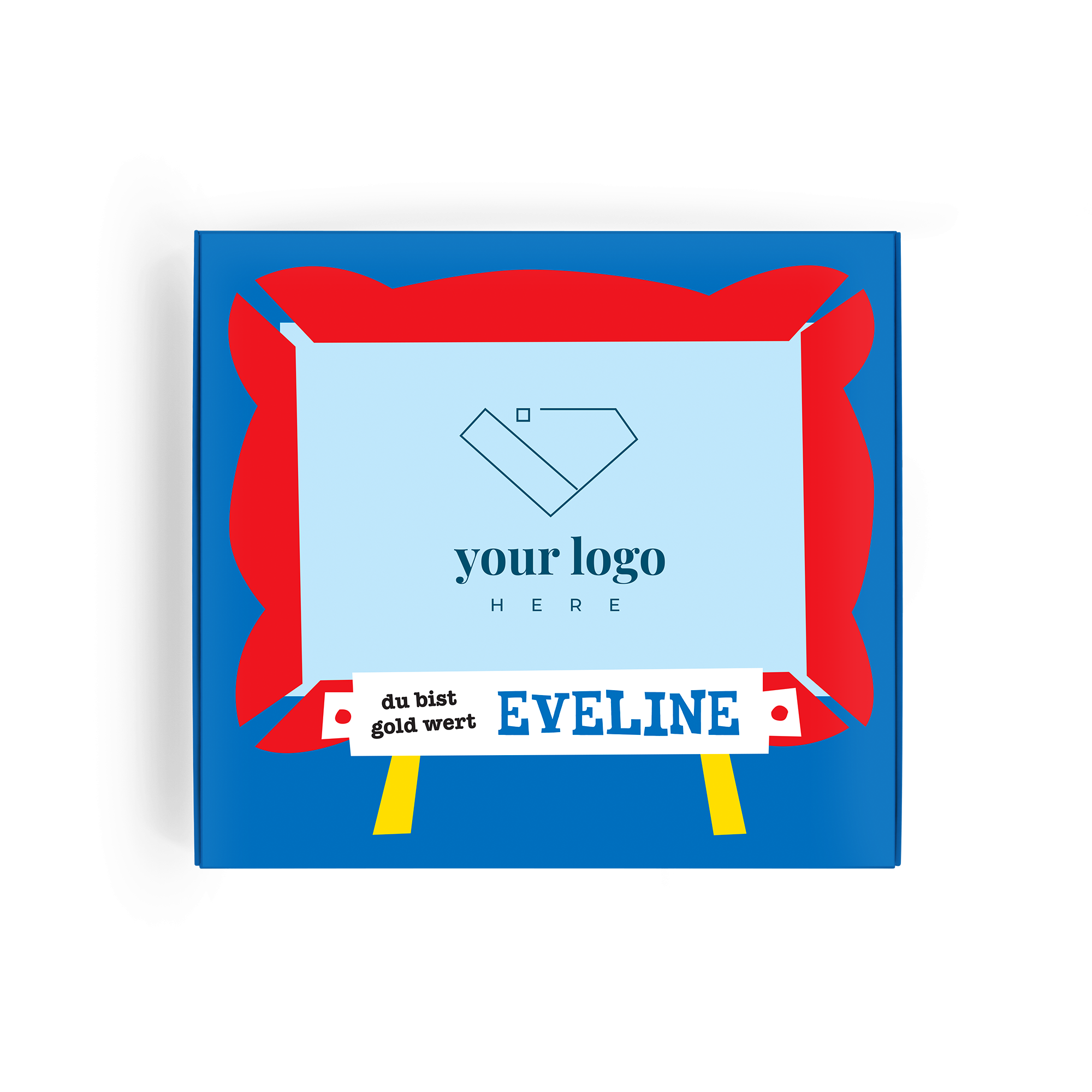 Personalisierte Tony's Chocolonely Geschenkbox mit individuellem Foto, Logo und Text "Eveline du bist gold wert" bedruckt