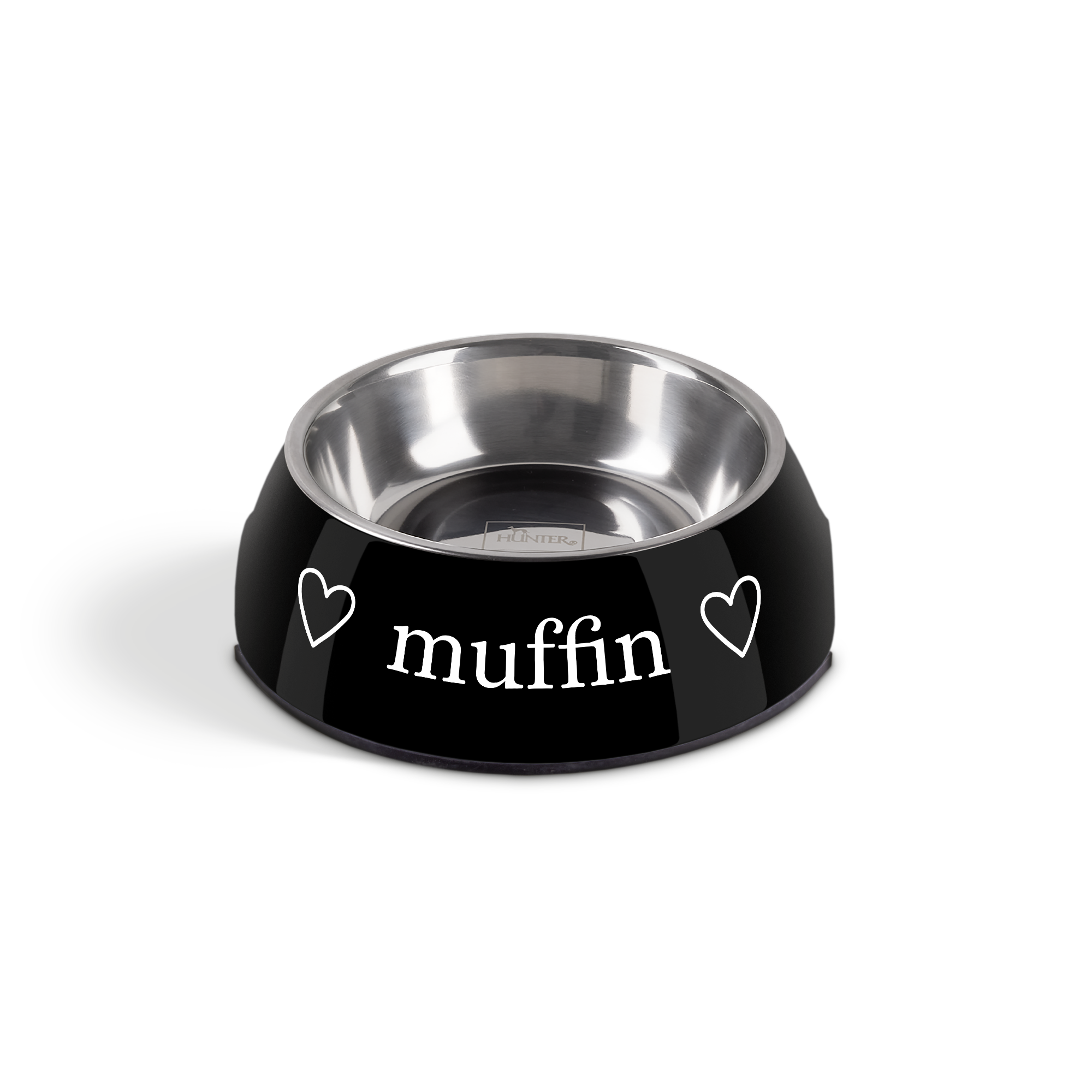 Zwarte kattenvoerbak met naam "Muffin" en twee hartjes, geprint. Jouw poezenbeest verdient een persoonlijke kattenvoerbak met naam.