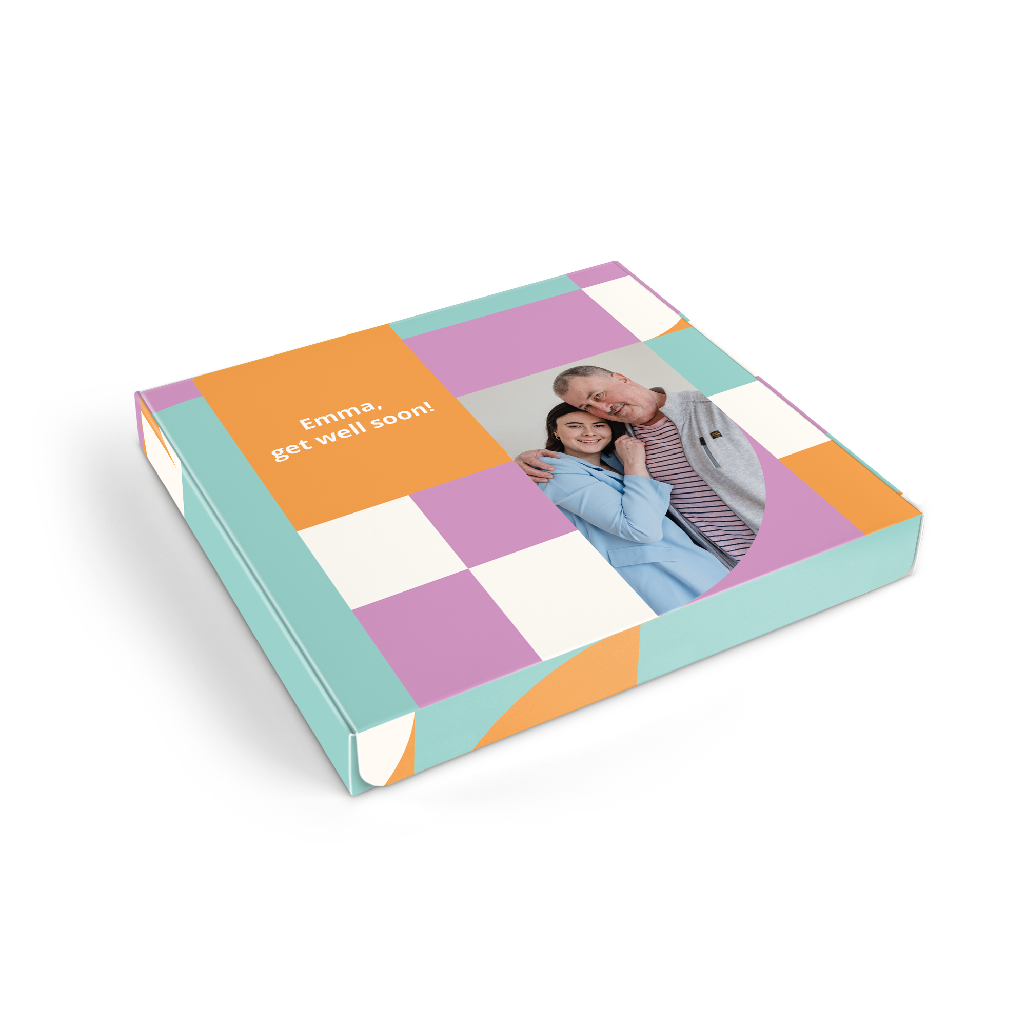 Cutie cadou personalizată pentru amestec de brownie cu design geometric, fotografie printată și mesajul Emma, însănătoșire grabnică