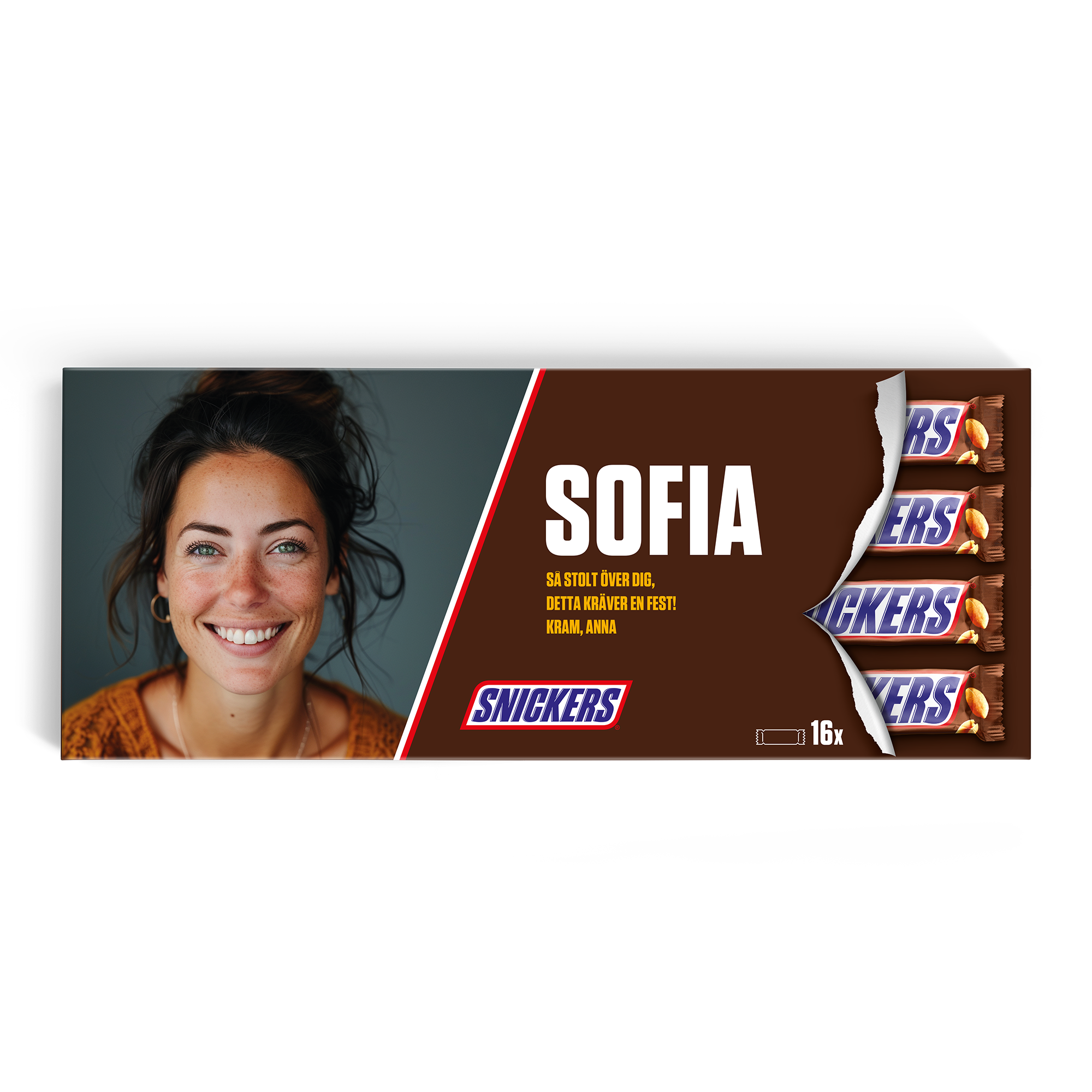 Personlig gigantisk Snickersbar med foto och texten "Sofia" tryckt på presentasken