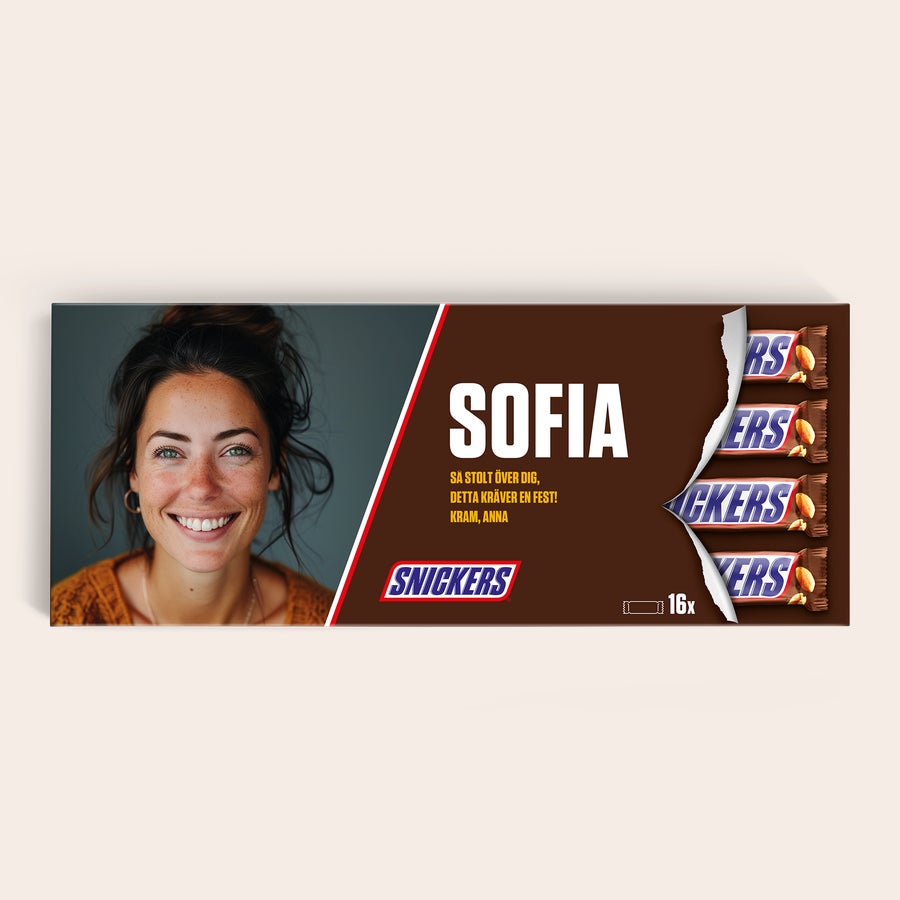 Personlig XXL Snickersbar Personlig gigantisk Snickersbar med foto och texten "Sofia" tryckt på presentasken