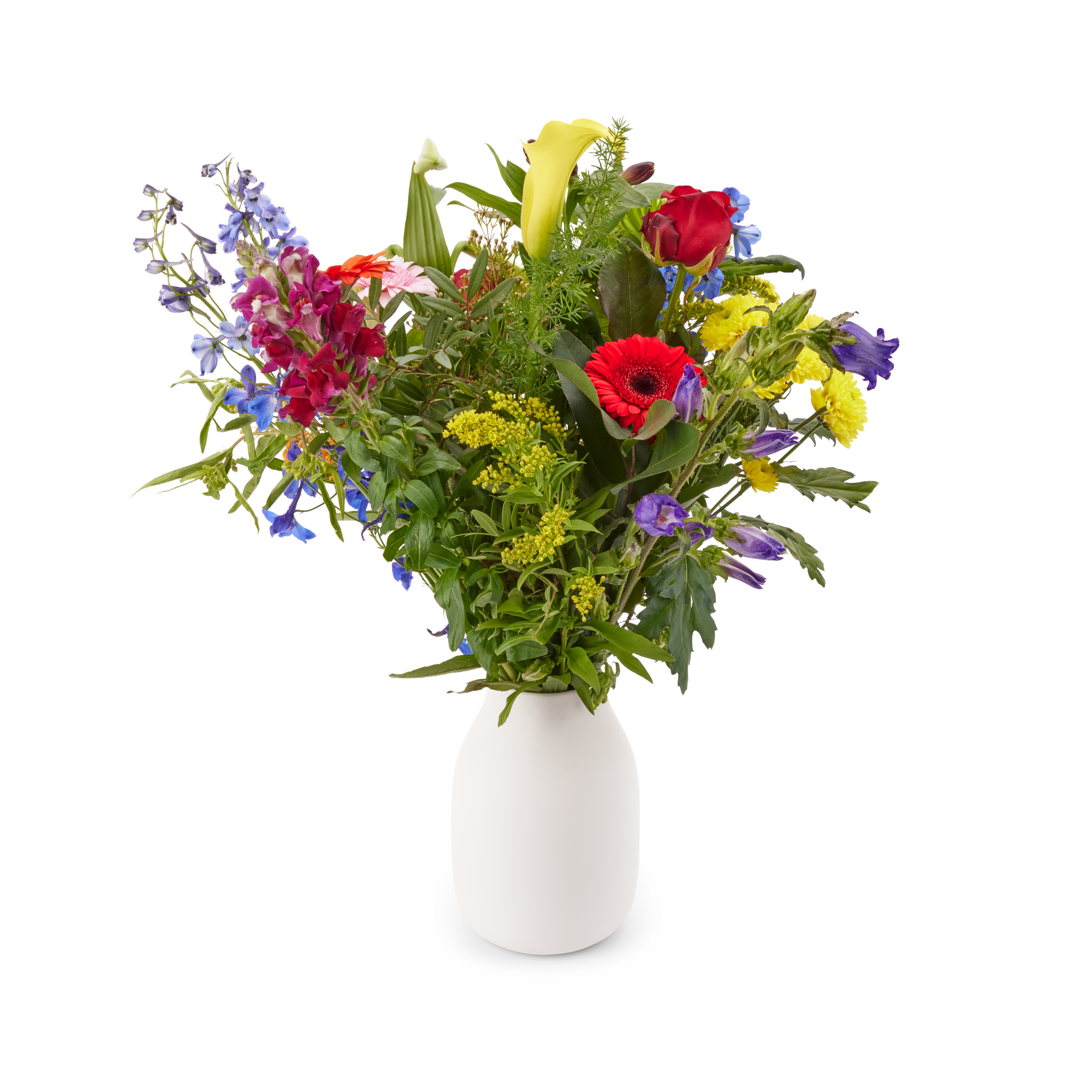 Bont plukboeket met rode rozen, gele calla en blauwe campanula in een witte vaas, inclusief gratis cadeaukaartje.