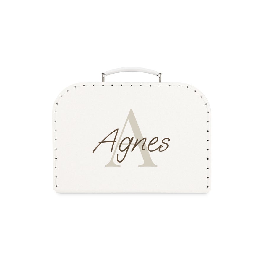 Børnekuffert med print Hvid personlig legetøjskuffert med navnet Agnes trykt, en rejsekammerat der er helt unik for dem
