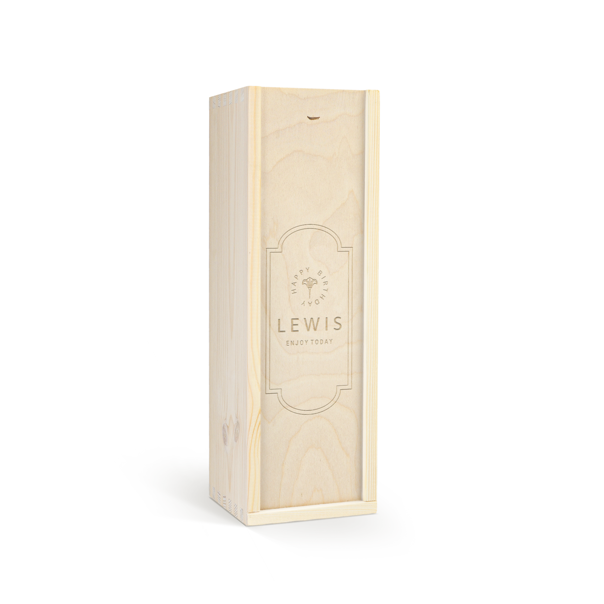 Engraved wooden box for mulled wine featuring a custom name and a Happy Birthday design