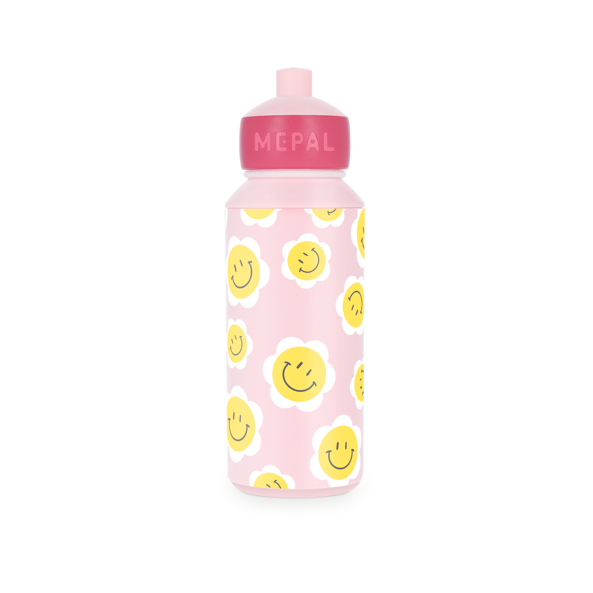 Pink Mepal water bottle with printed yellow smiling daisy flowers for their name on their bottle that goes everywhere with them