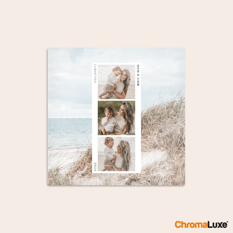 Aluminium photo panel Chromaluxe aluminium photo prints with three printed photos of a mum and child on a beach, customized with names and a date.