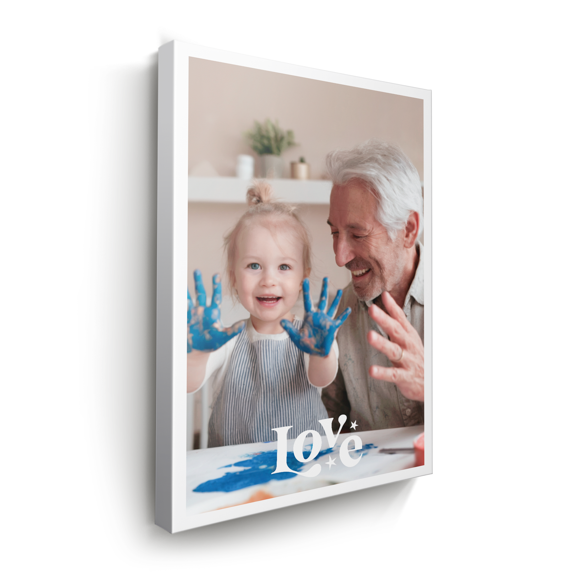 Tela personalizzata con la foto di un anziano e una bambina che giocano e la scritta Love, stampa le tue foto preferite