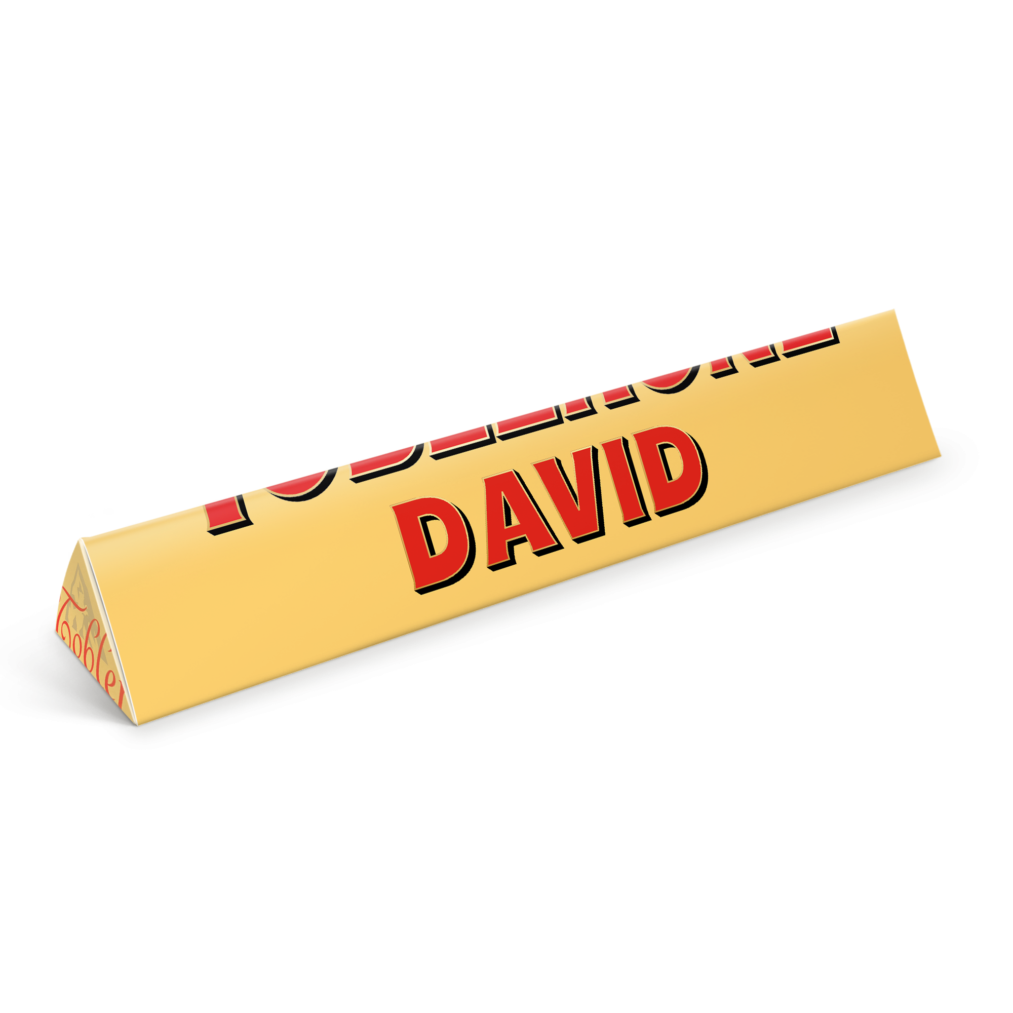 Personaliseret Toblerone med navn og billede, David trykt i rødt på den gule indpakning, ideel som en personlig gave.