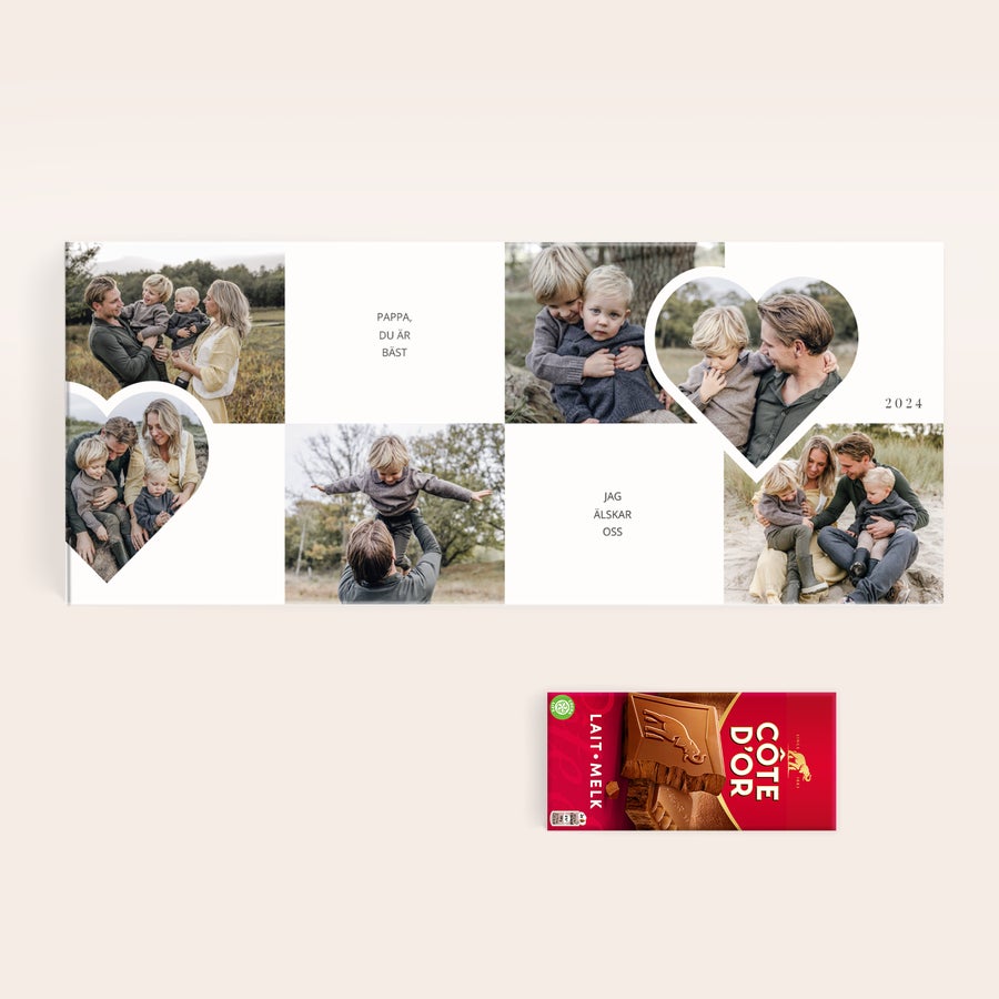 Mega CÎte d'Or med tryckt namn Personlig XXL CÎte d'Or chokladkaka - YSP design med collage av familjebilder och texten "Pappa, du Àr bÀst" och "Jag Àlskar oss" tryckt pÄ omslaget, perfekt för fars dag.