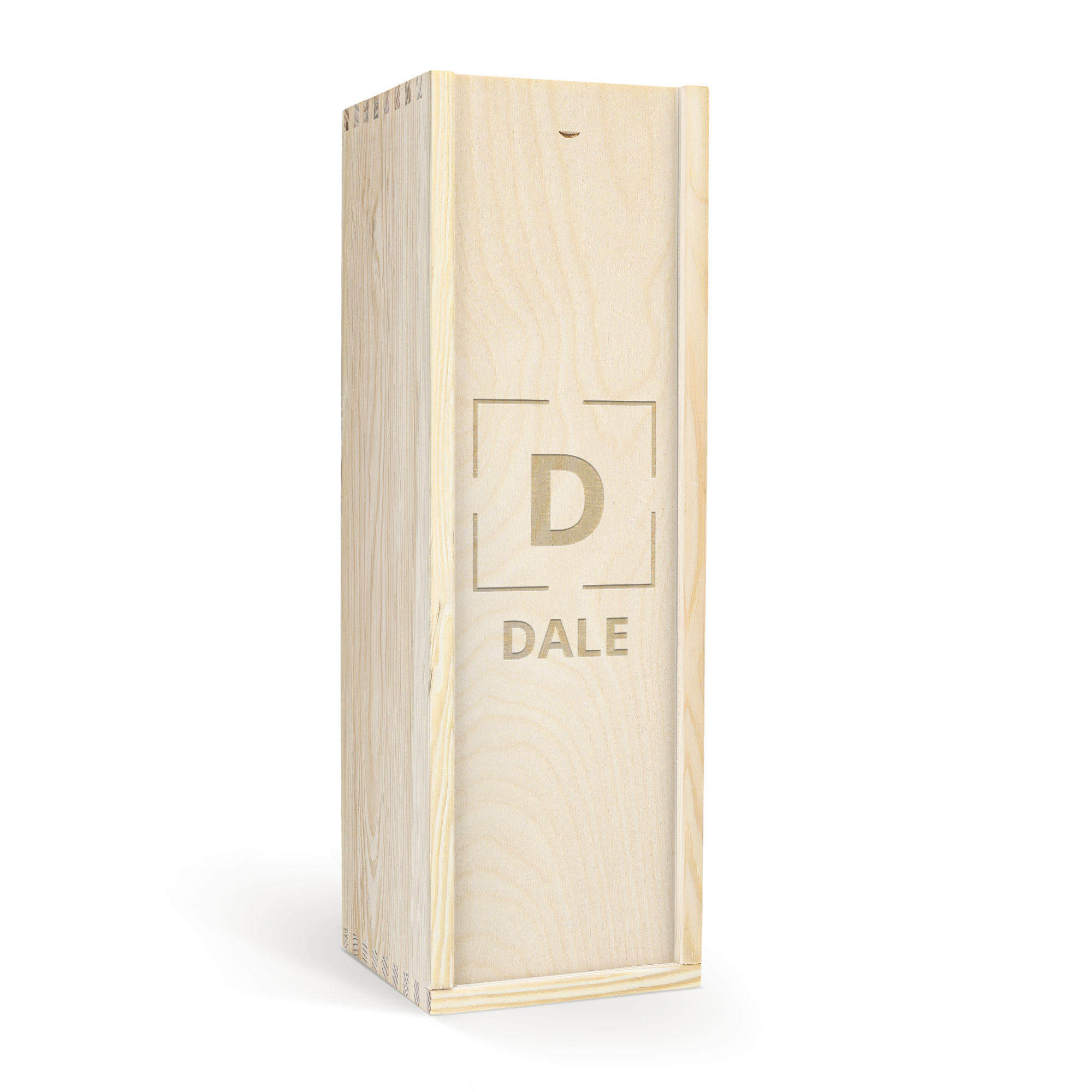 Light wood case for a bottle of Graham's Tawny 20 Years port, engraved with a large D and the name Dale