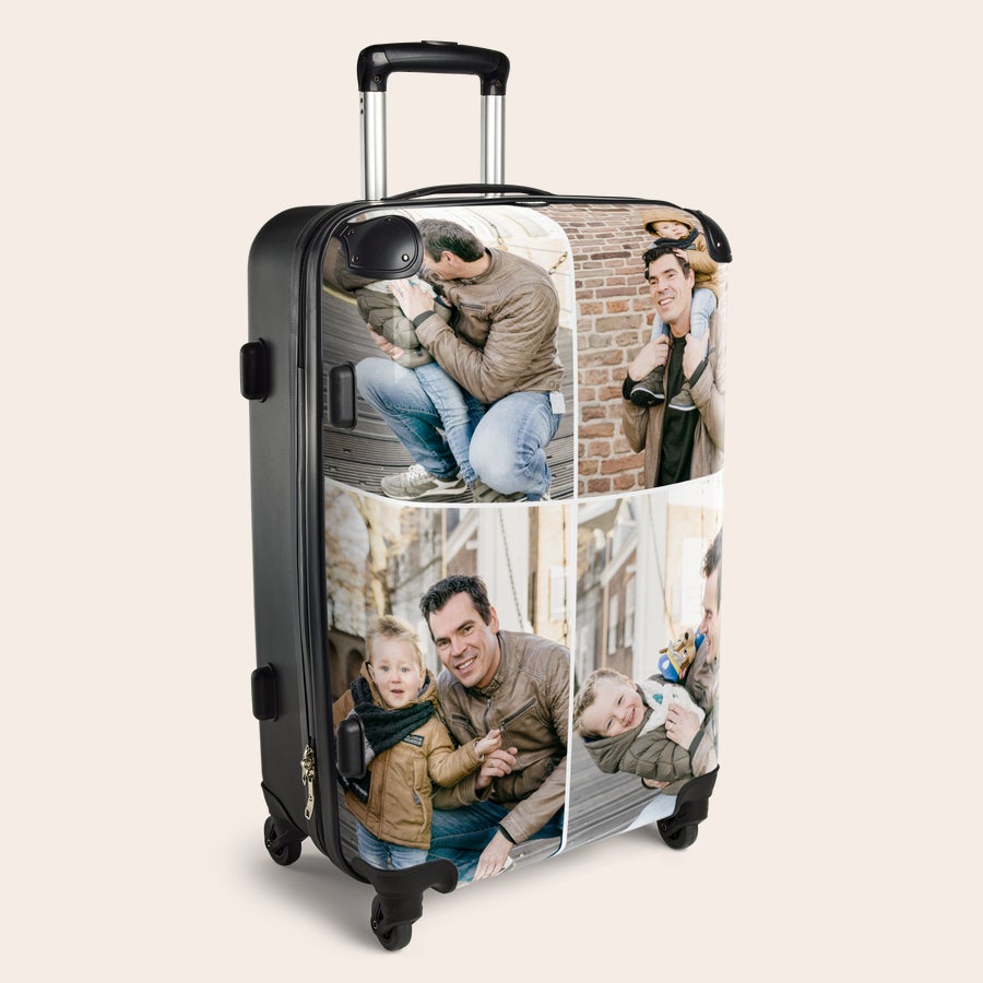 Valiza XL Princess Valiză Princess neagră, super ușoară, de mărime XL, personalizată cu un colaj de fotografii de familie tipărite.
