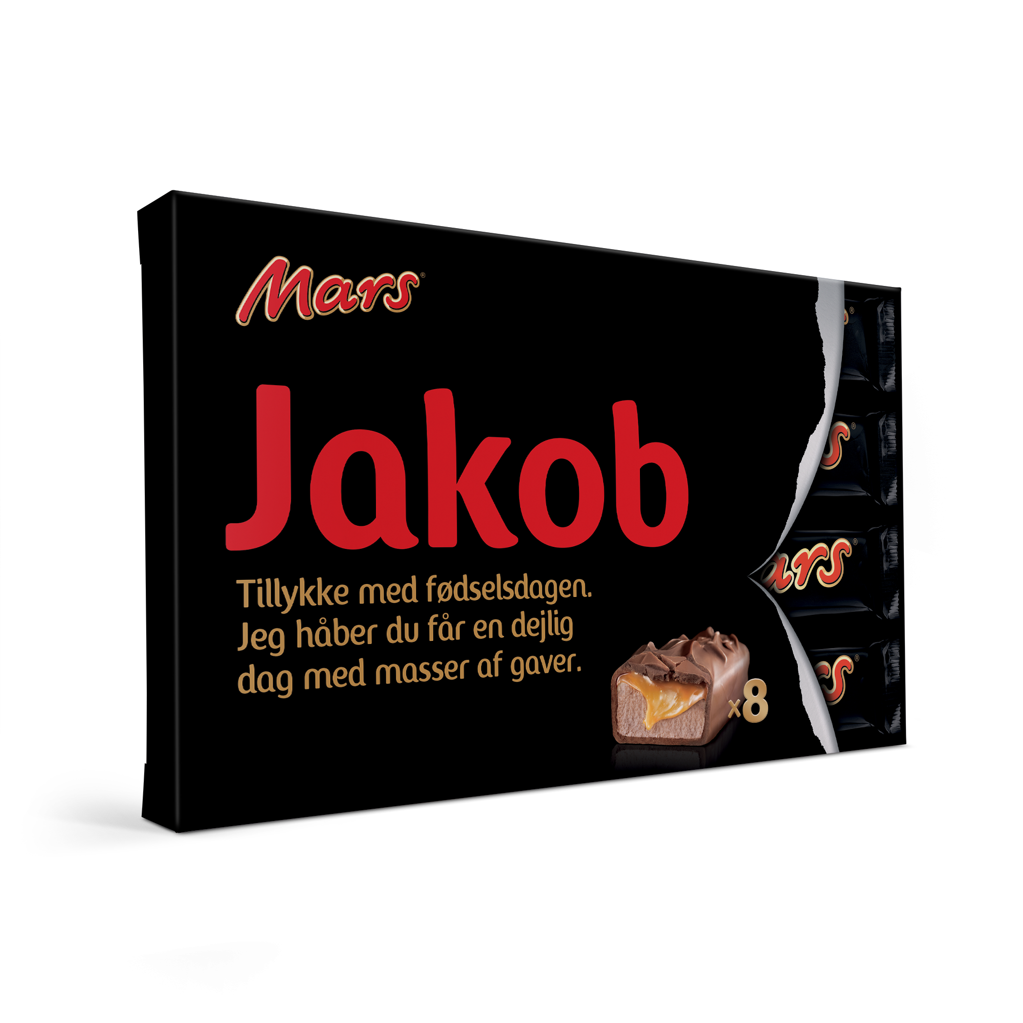 Mars chokolader i gaveæske med navn og billede, trykt med navn "Jakob" og personlig hilsen