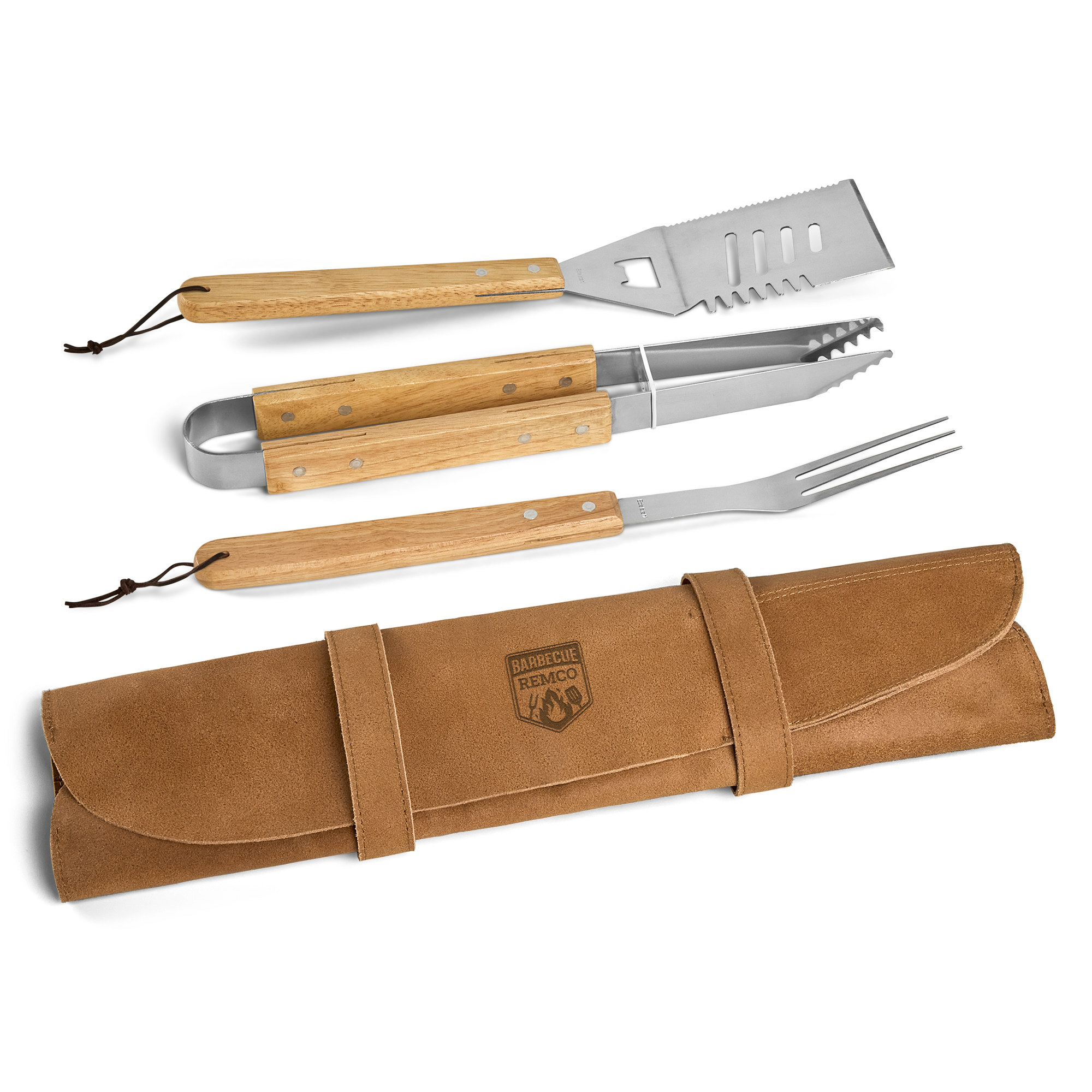 Gepersonaliseerde barbecue set met drie RVS tools en een bruin leren etui met gegraveerde naam