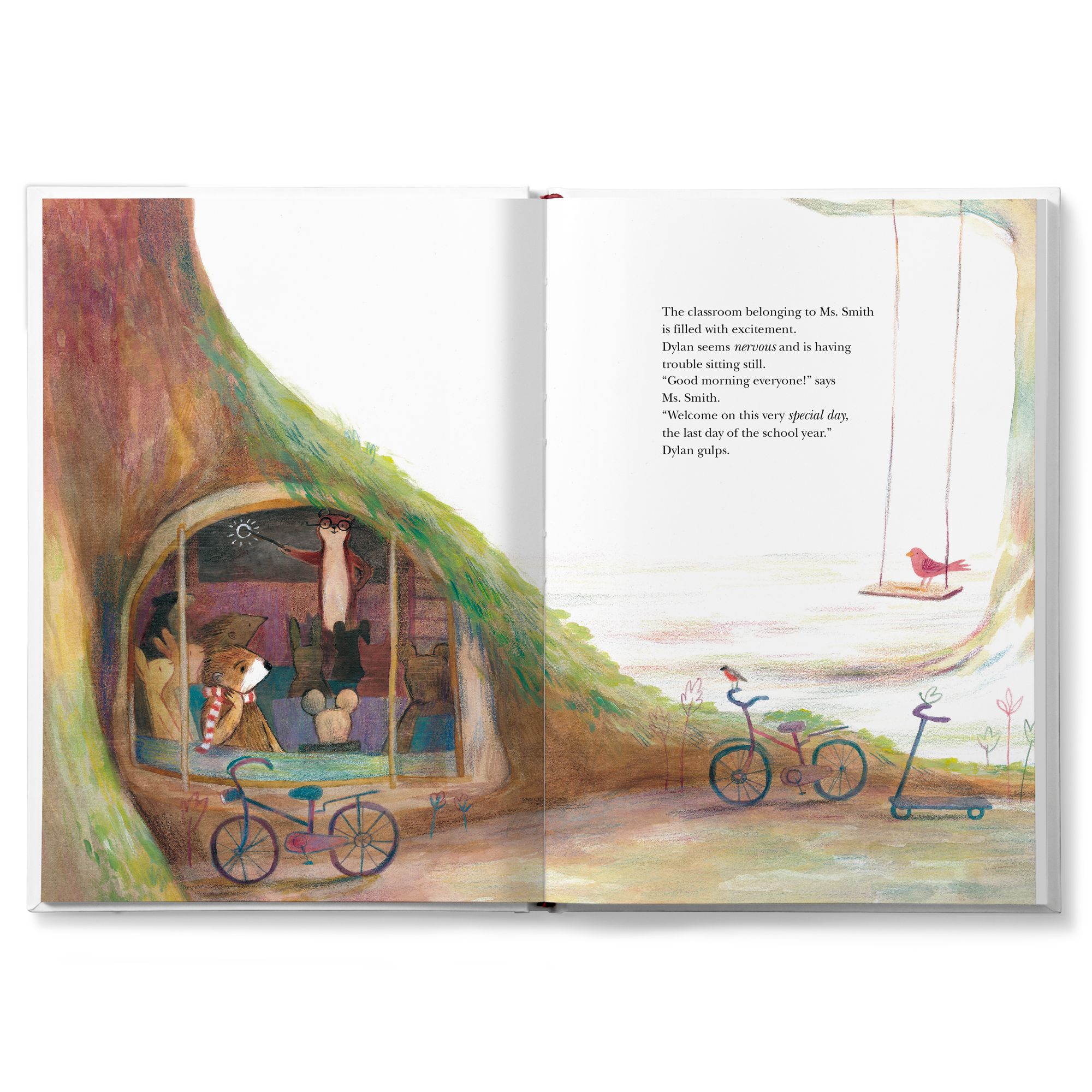 Open personalized book with the story "I'll miss you, teacher," showing an animal classroom scene with customized text about Ms. Smith.