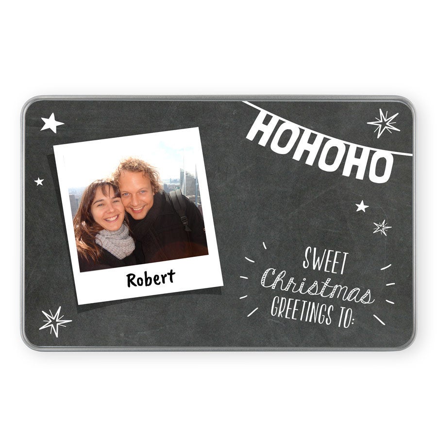 Mukautettava metallinen joulumuistojen säilytyslaatikko painetulla valokuvalla ja Robert-nimellä sekä "HOHOHO"-tekstillä.