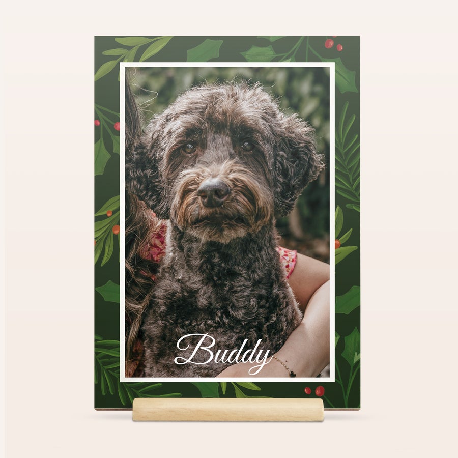 Tre Julekort Personlig trekort til jul med bilde av en hund og navnet "Buddy", trykt med julemotiv