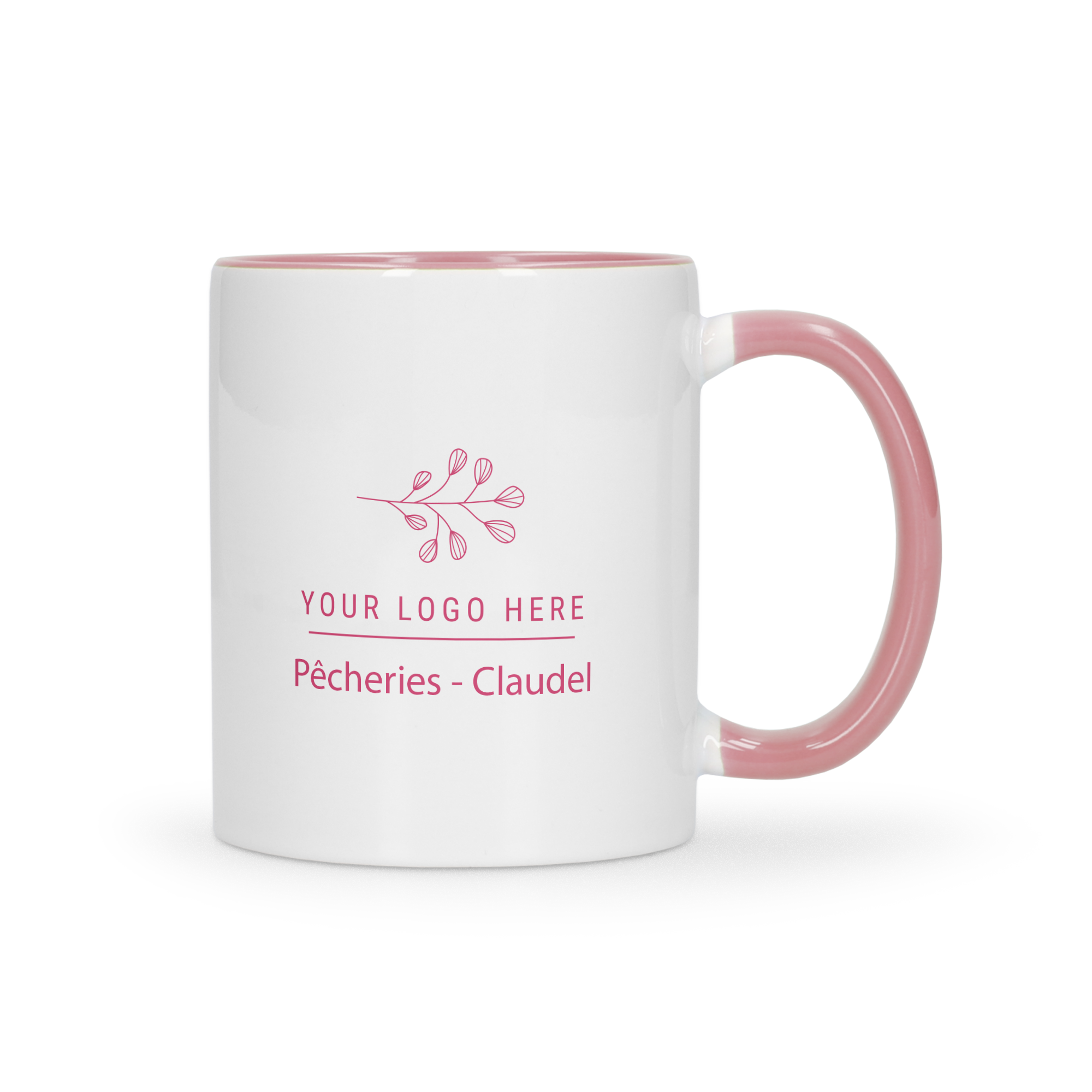 Mug rose personnalisé avec logo et texte Pêcheries Claudel pour bureau ou maison