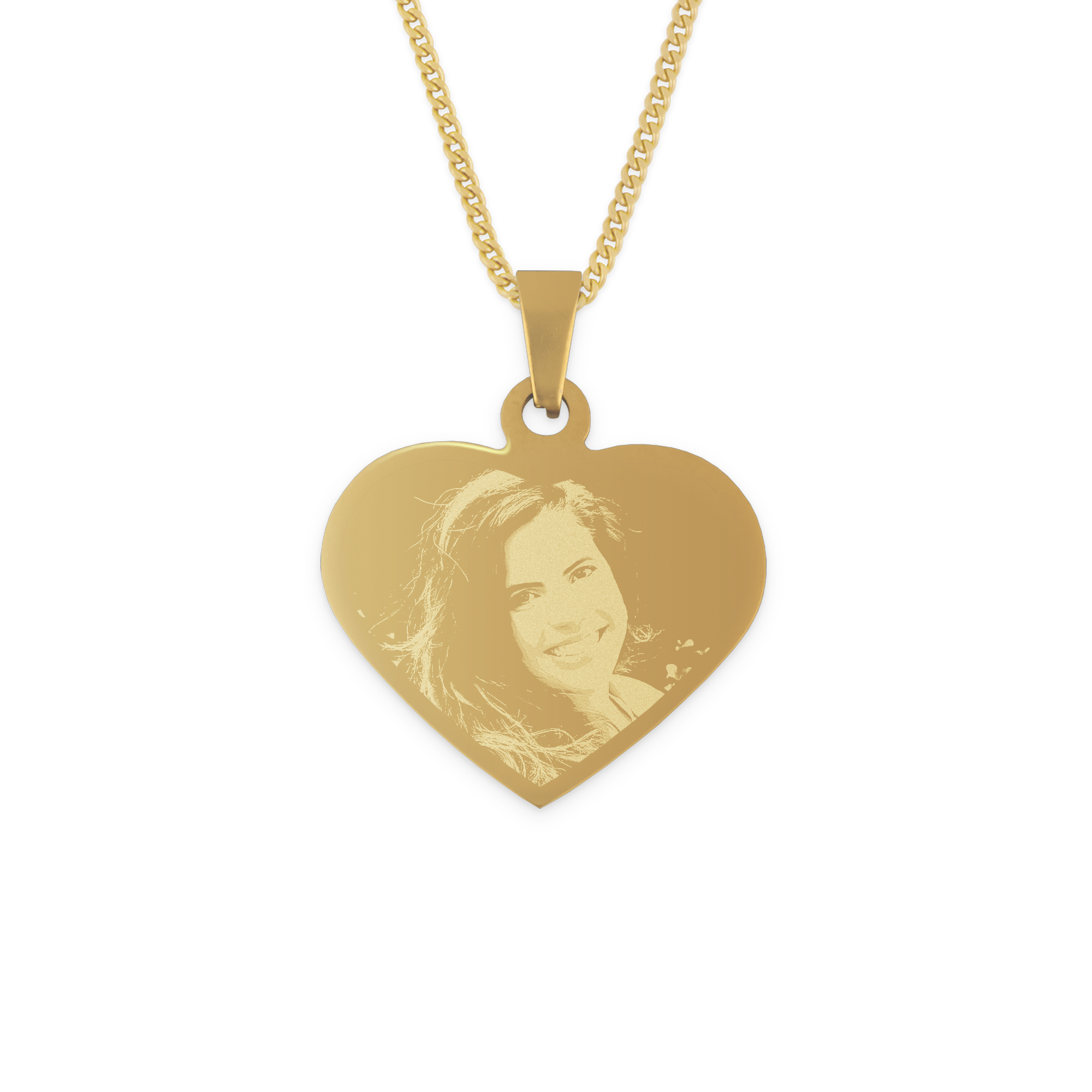 Pendentif cœur doré personnalisé avec une photo de femme souriante, gravé pour offrir un pendentif gravé avec votre propre photo