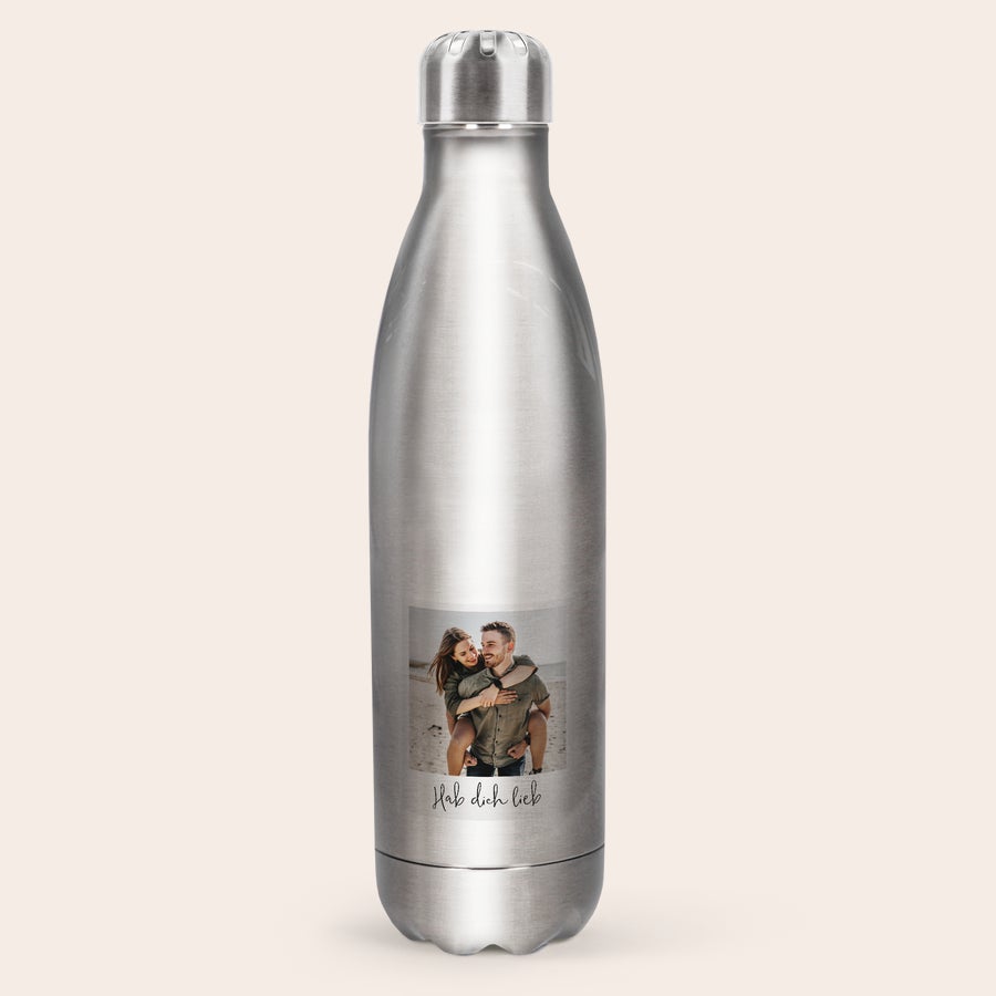 Trinkflasche Edelstahl Personalisiert Aluminium isolierte Wasserflasche mit Foto eines Paares und dem Spruch "Hab dich lieb", personalisierbar mit eigenem Bild