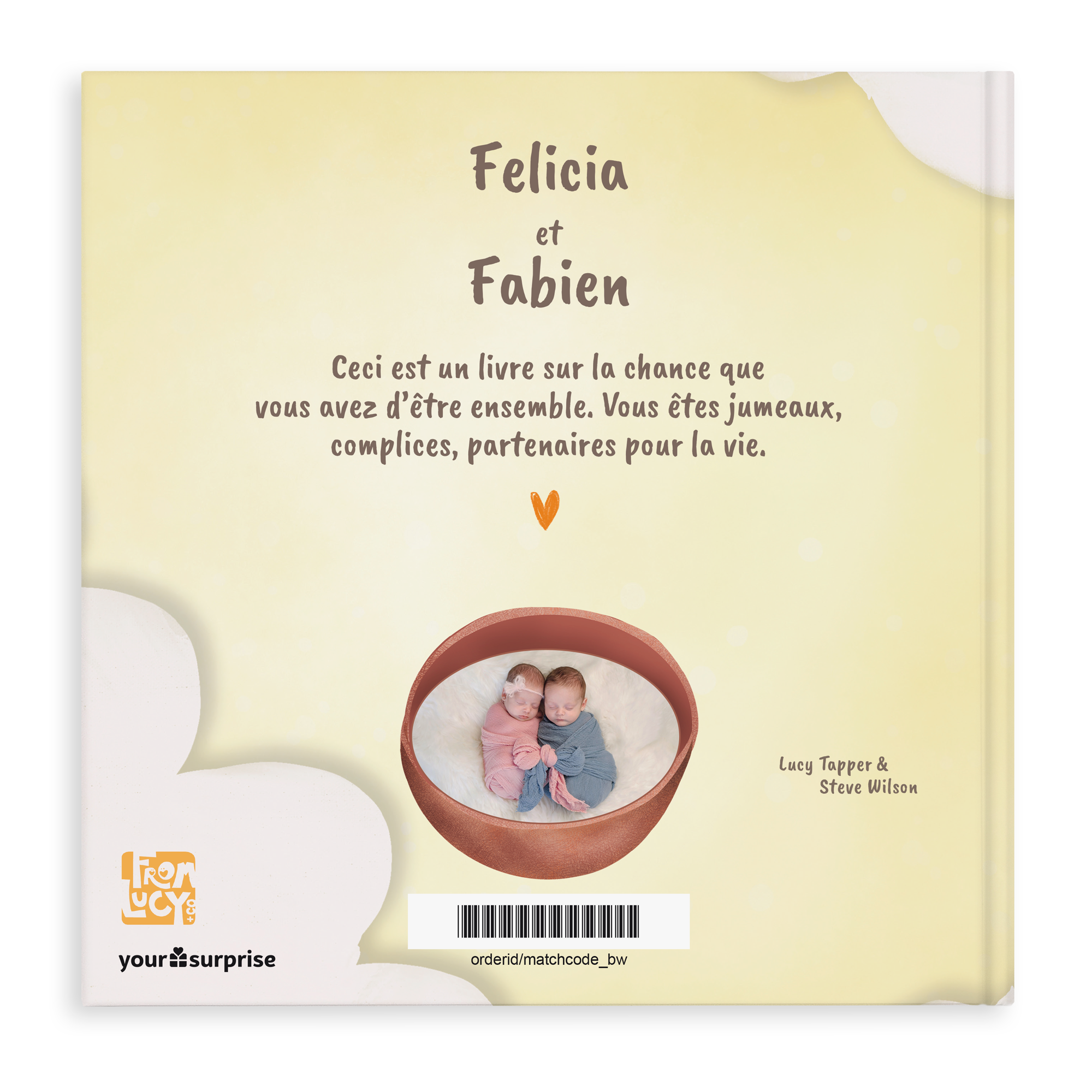 Livre pour jumeaux personnalisé avec prénoms Felicia et Fabien et une photo des bébés. Célébrez la naissance des plus adorables jumeaux ou triplés avec ce beau livre.